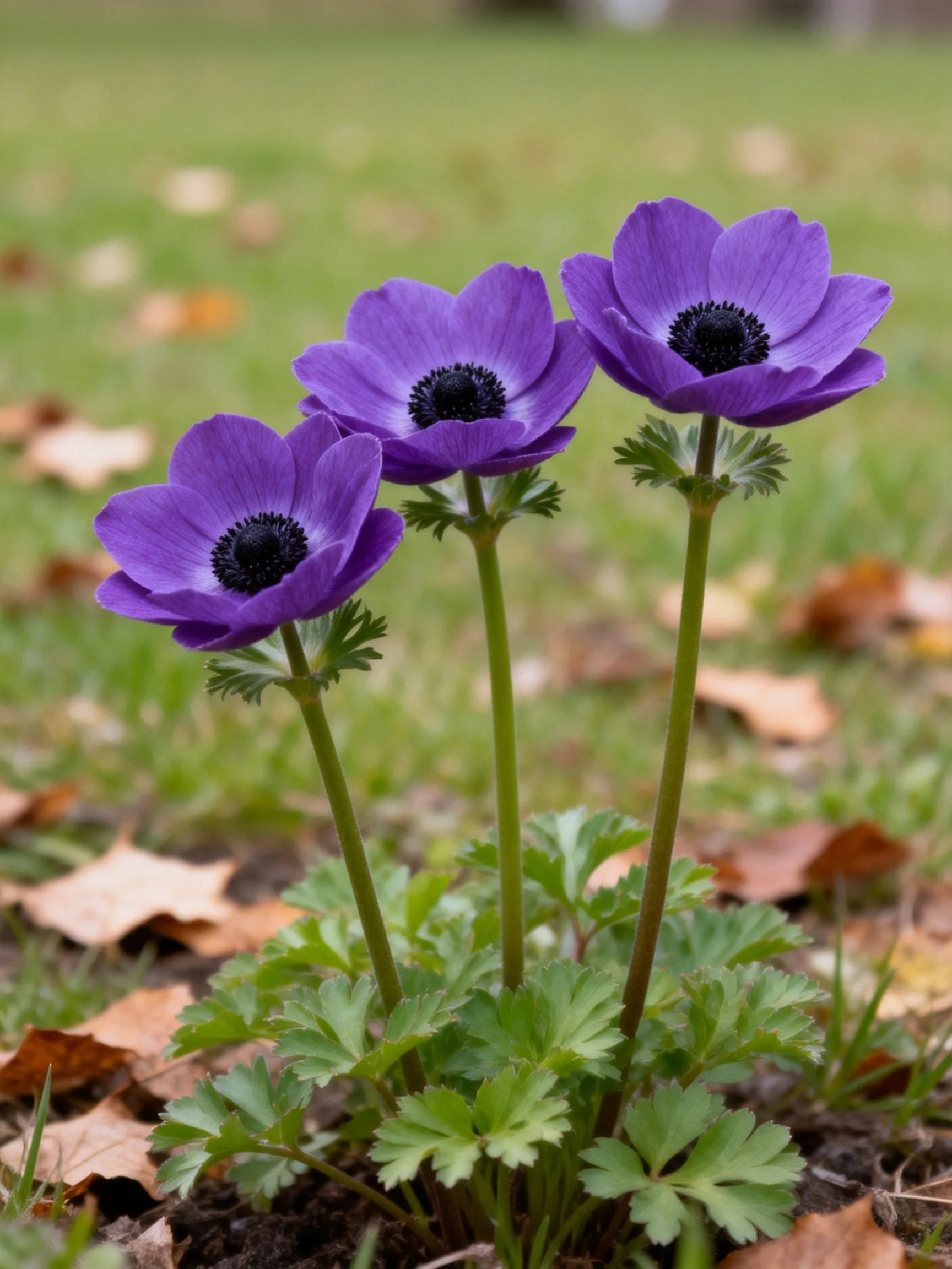 Three vibrant purple anemones bloom among green foliage and fallen leaves