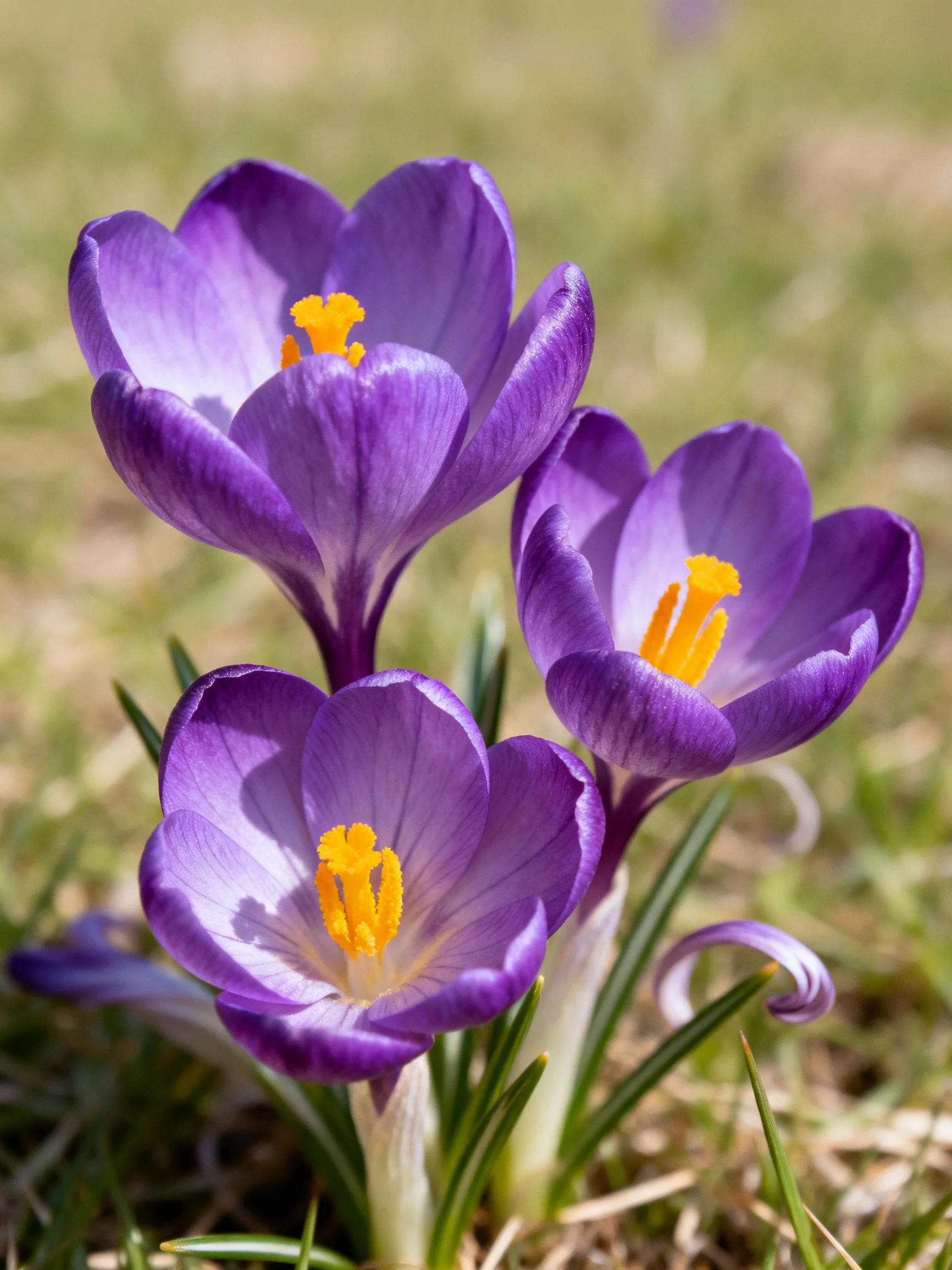 Three vibrant purple crocus flowers with bright yellow stamens
