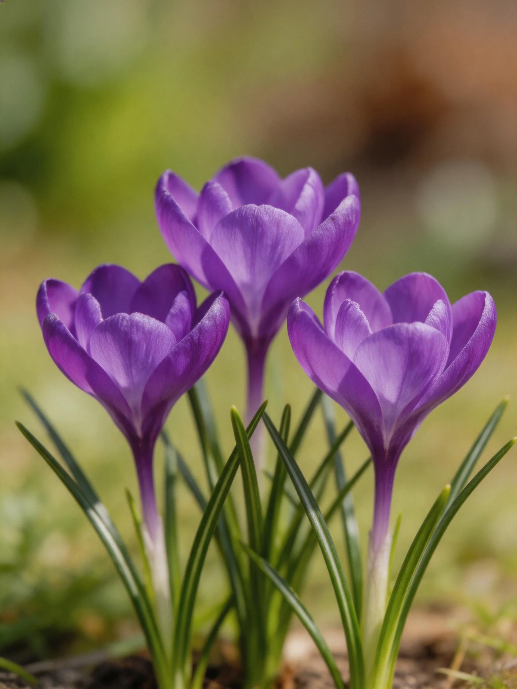 Three vibrant purple crocus flowers with green foliage