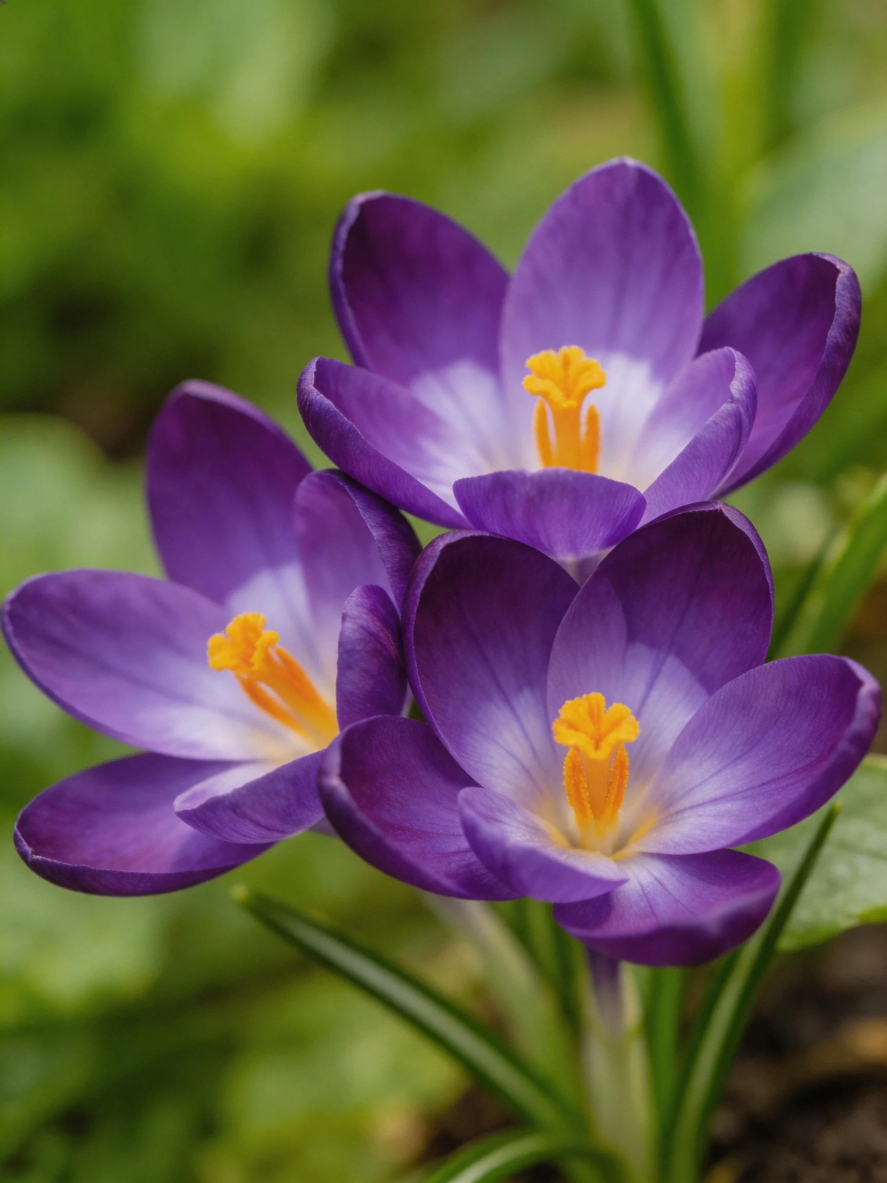 Three vibrant purple crocus flowers with yellow stamens