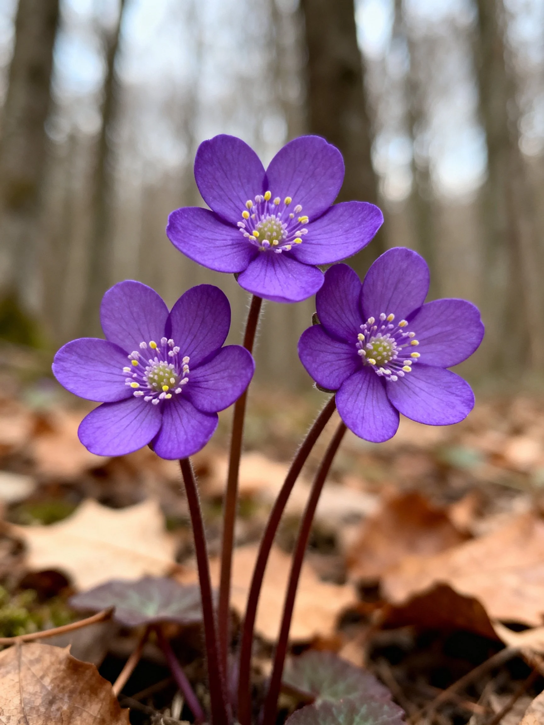 Three vibrant purple flowers bloom among brown leaves in a forest
