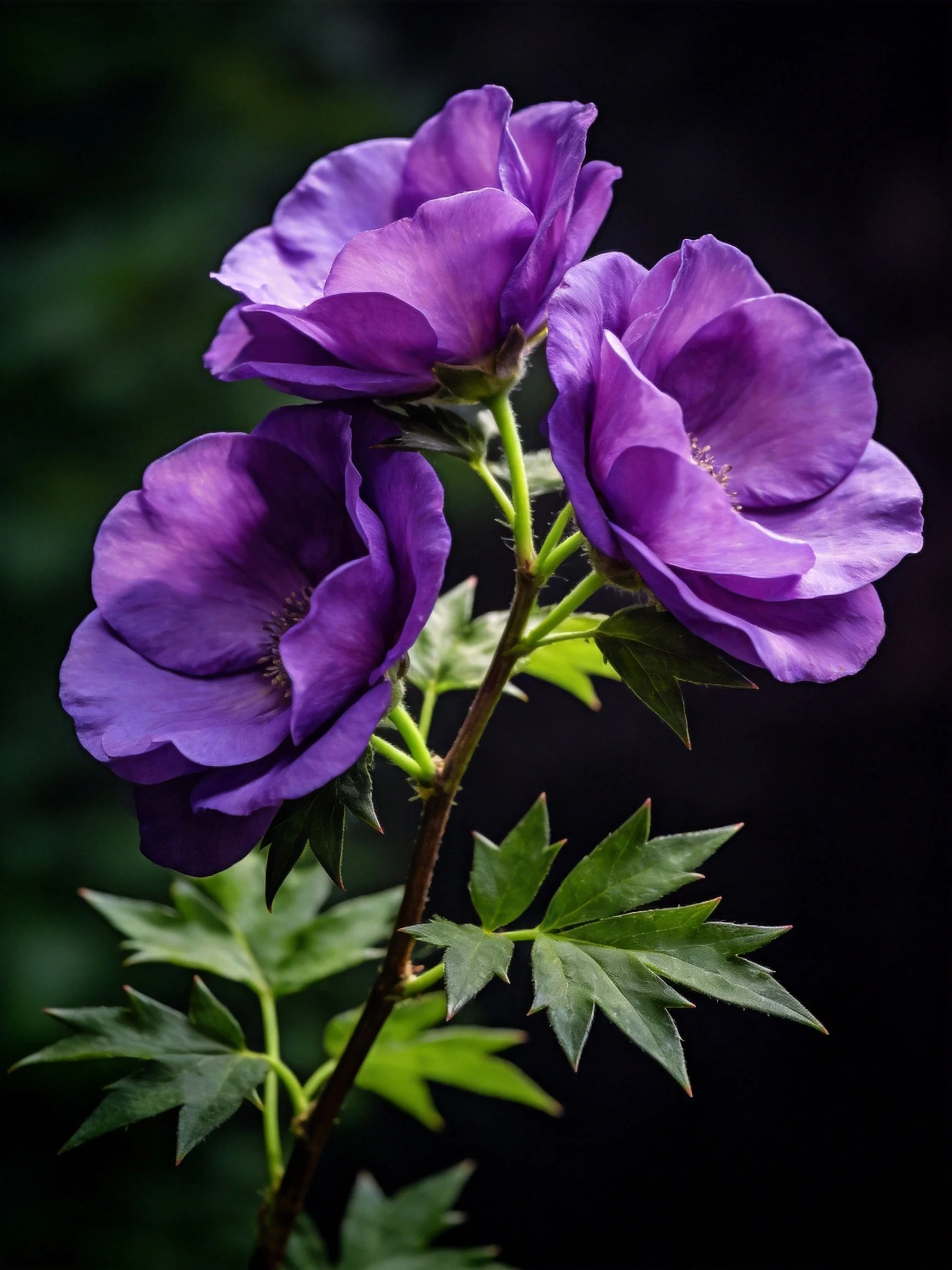 Three vibrant purple flowers with serrated green leaves on dark backdrop