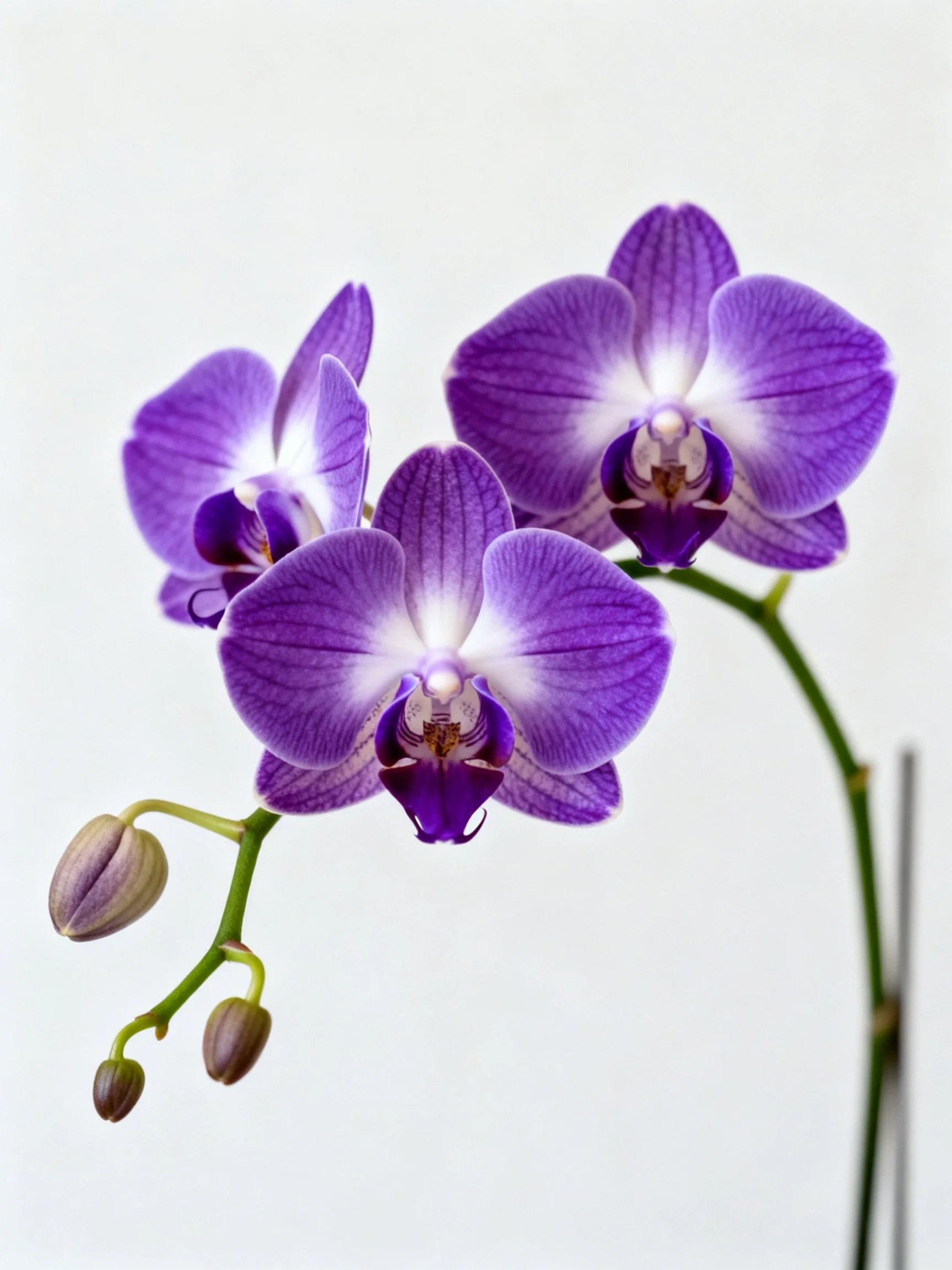 Three vibrant purple orchid blooms with unopened buds