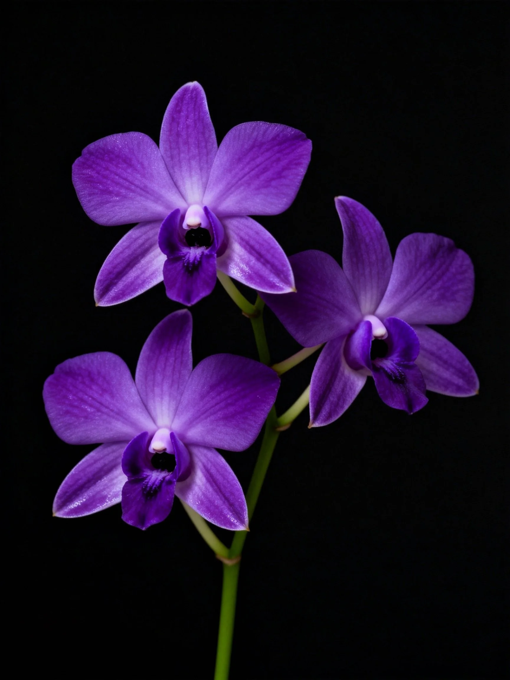Three vibrant purple orchid flowersagainst a black backdrop
