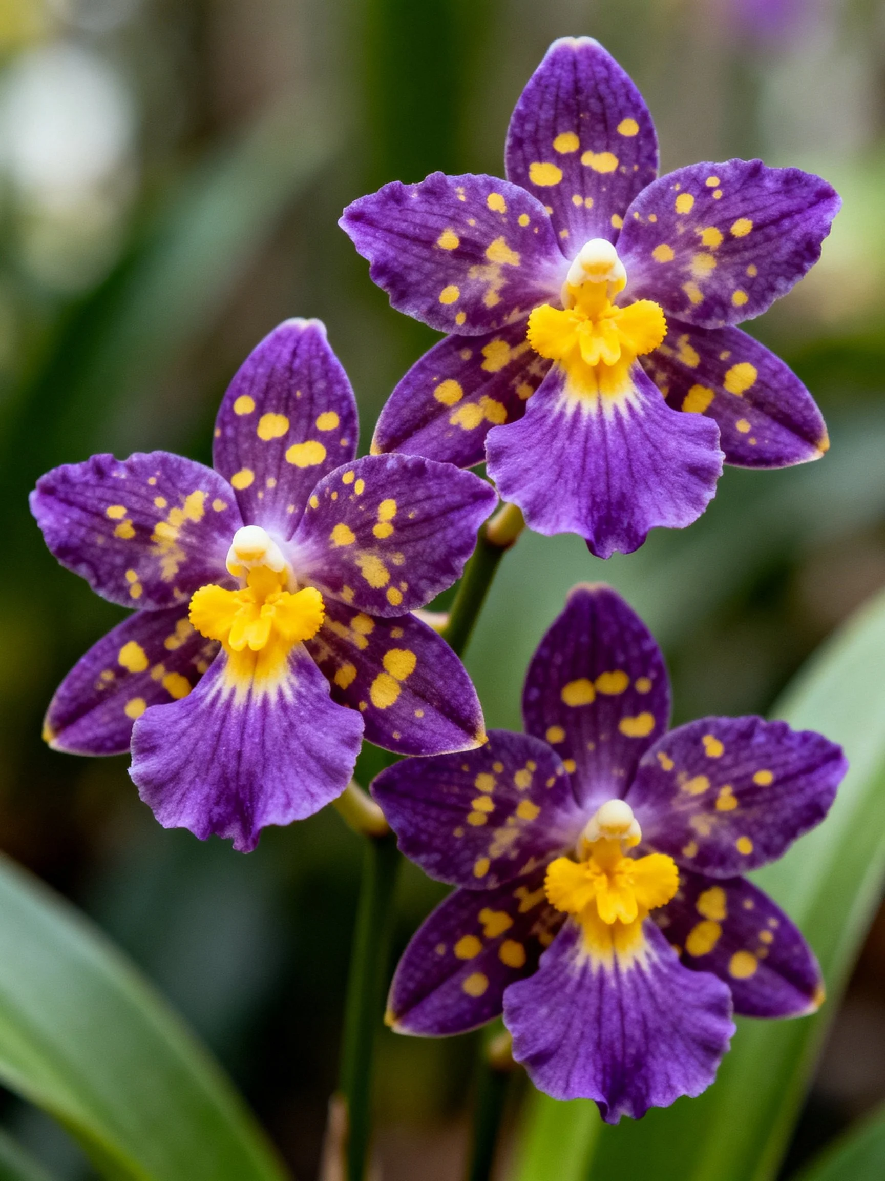 Three vibrant purple orchids adorned with yellow spots