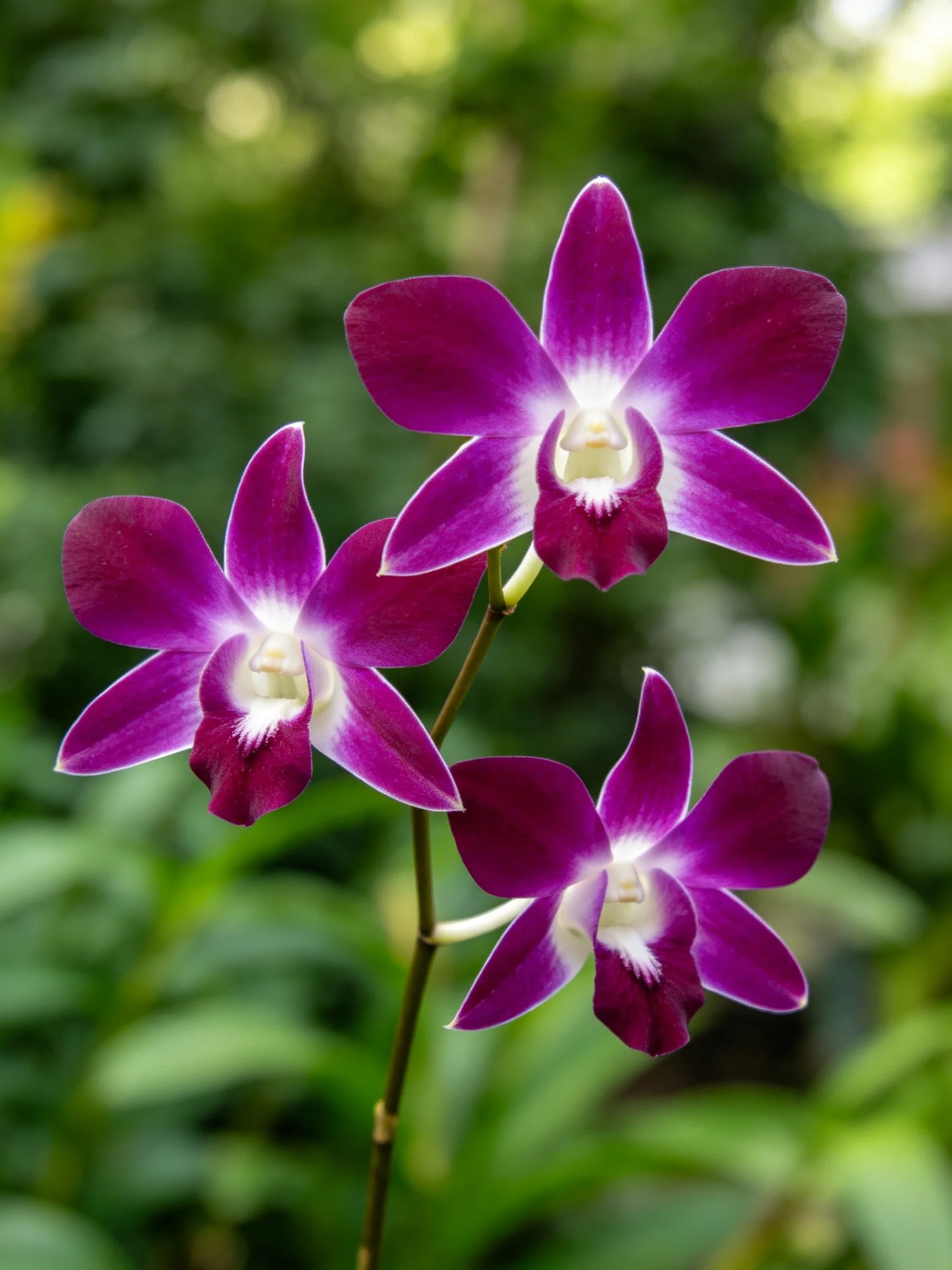 Three vibrant purple orchids with white centers amidst greenery