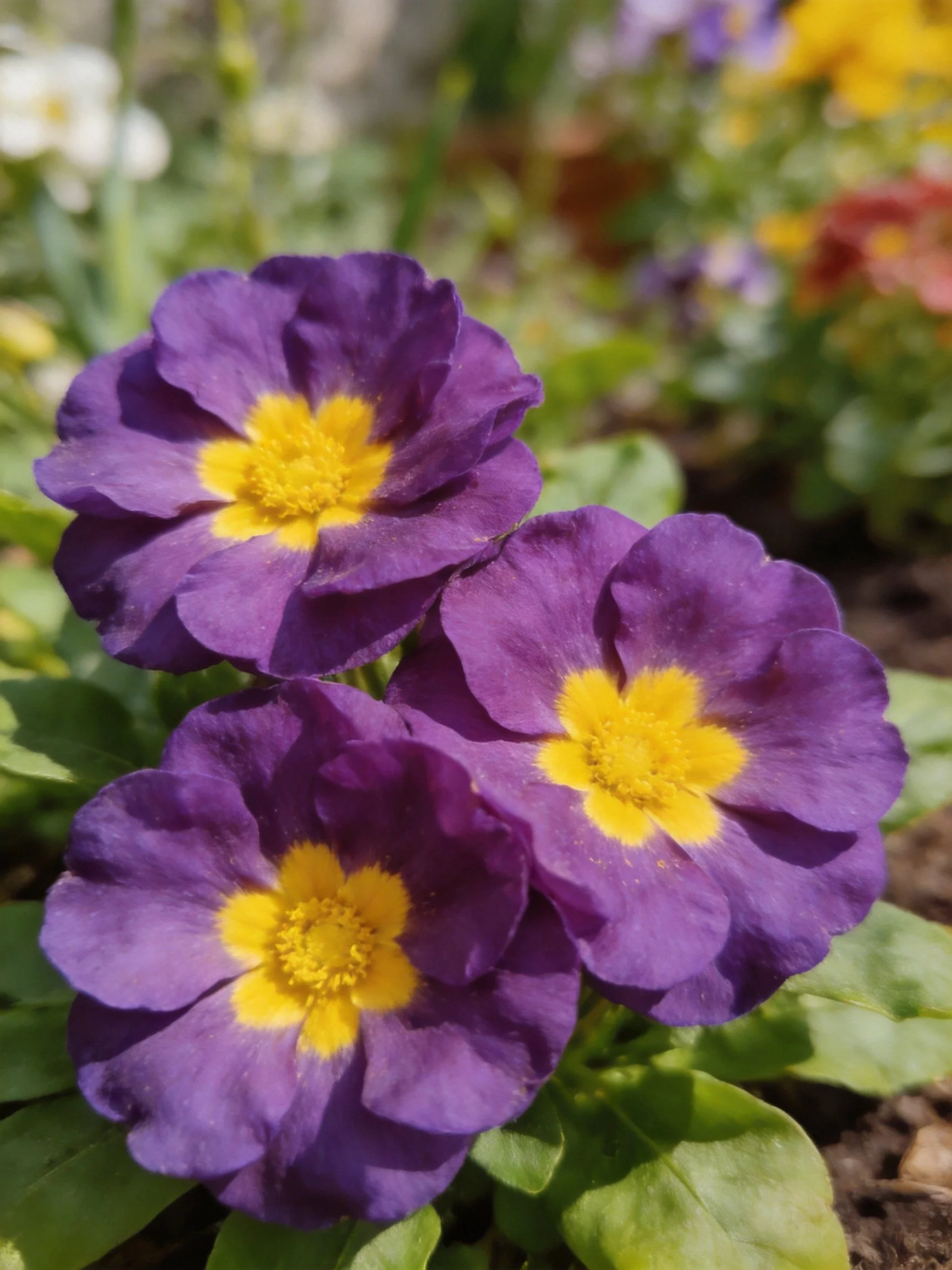 Three vibrant purple primroses with bright yellow centers