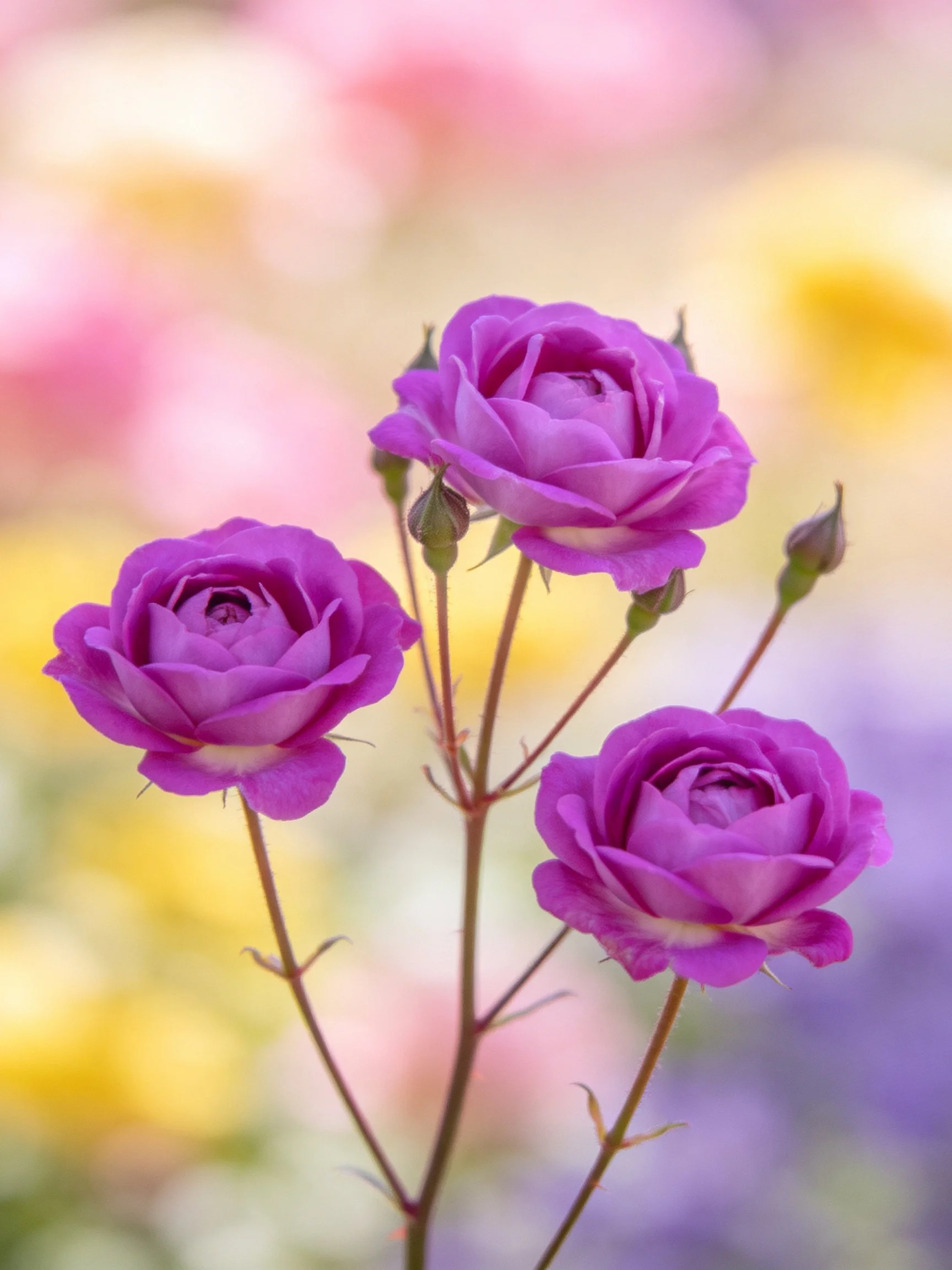 Three vibrant purple roses with buds against a blurred pastel backdrop.