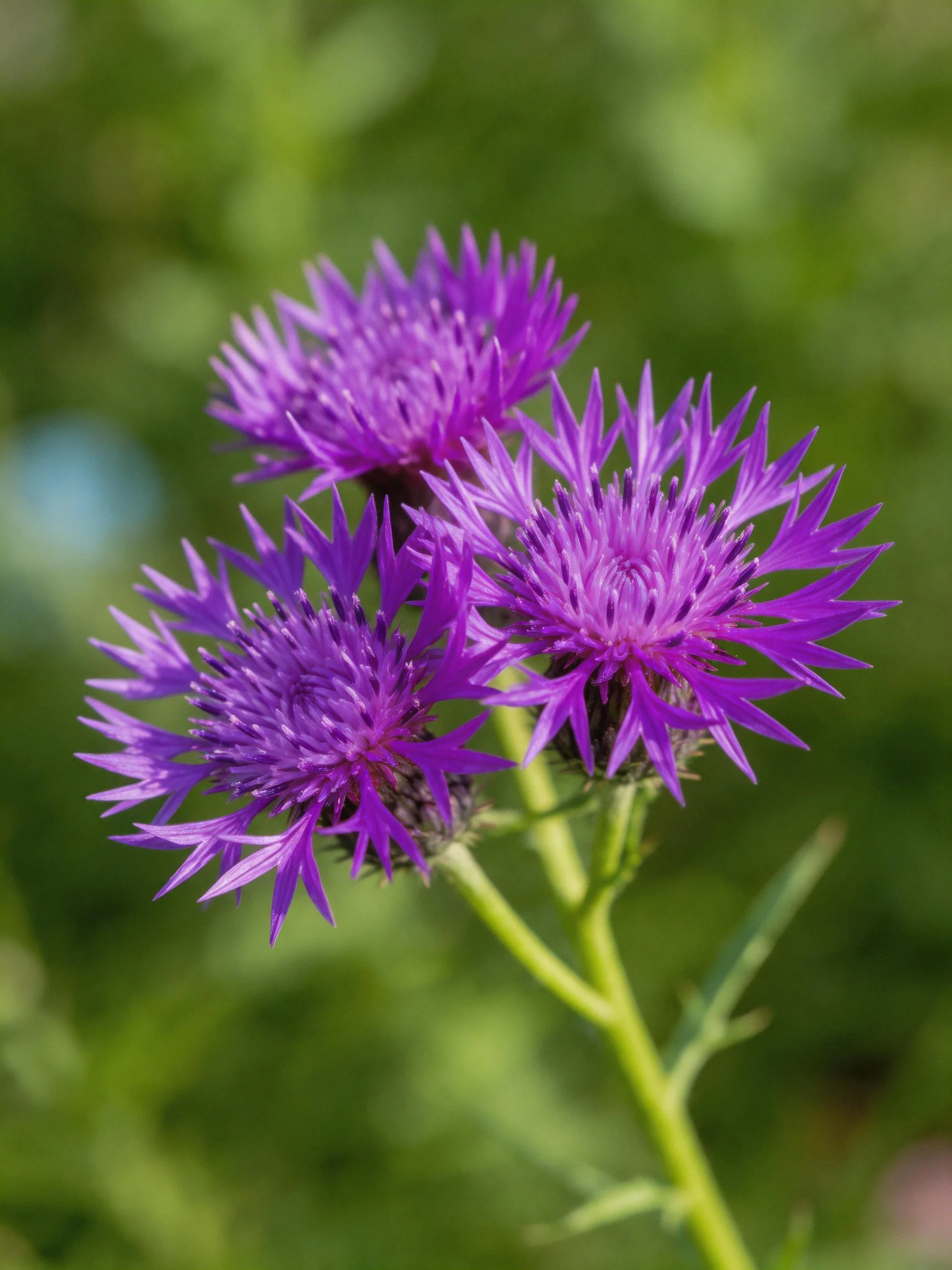 Three vibrant purple thistle flowers with spiky petals