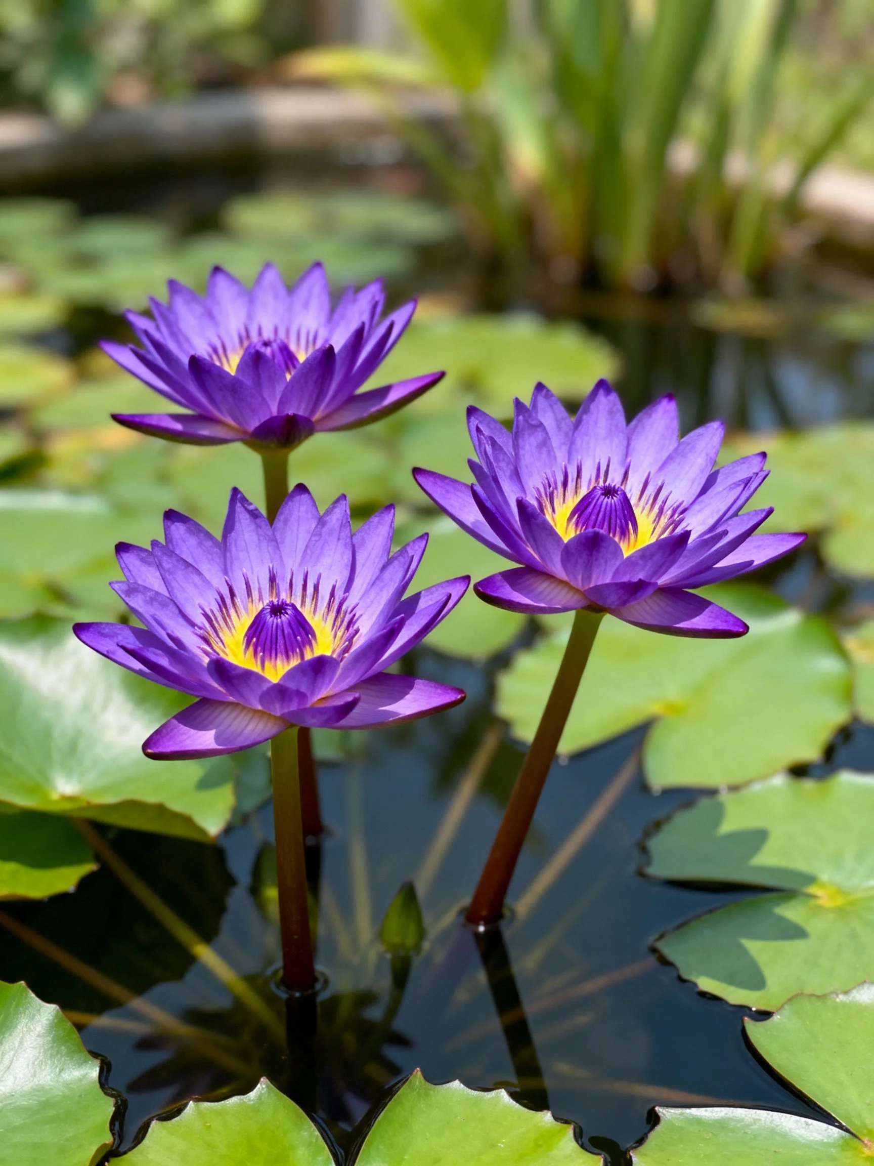 Three vibrant purple water lilies bloom amid green lily pads