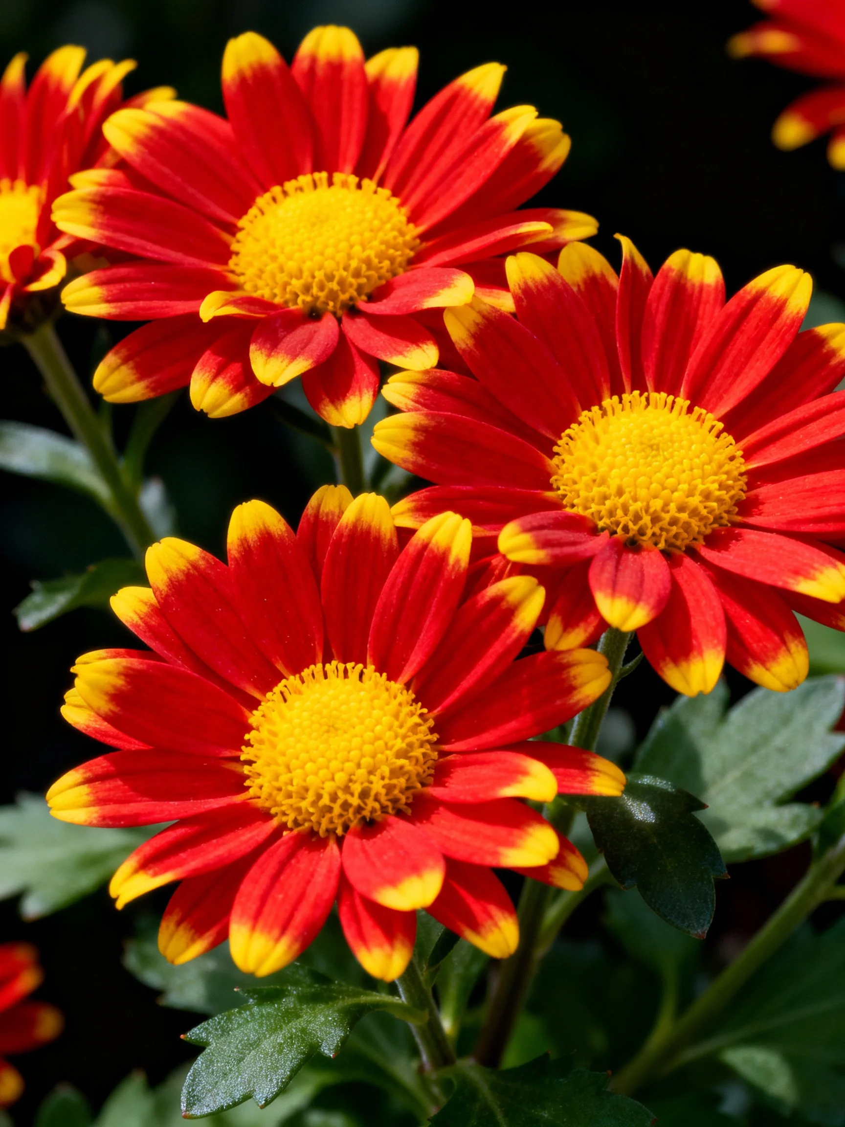 Three red and yellow chrysanthemums display golden centers amid dark foliage.