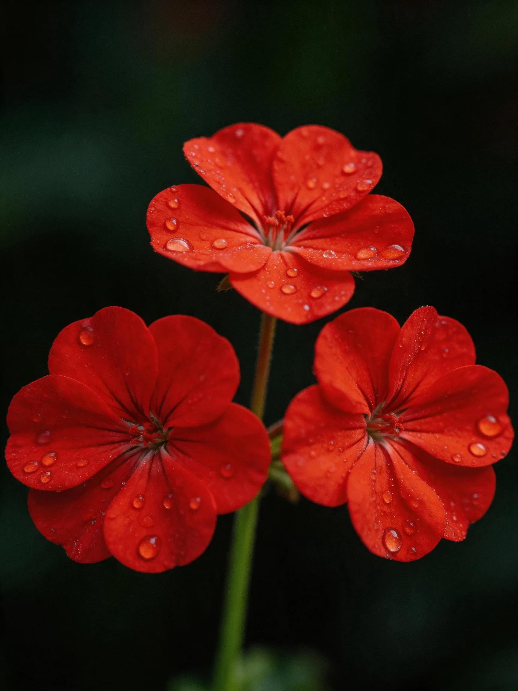 Three bright red flowers with water droplets stand out against a dark background.