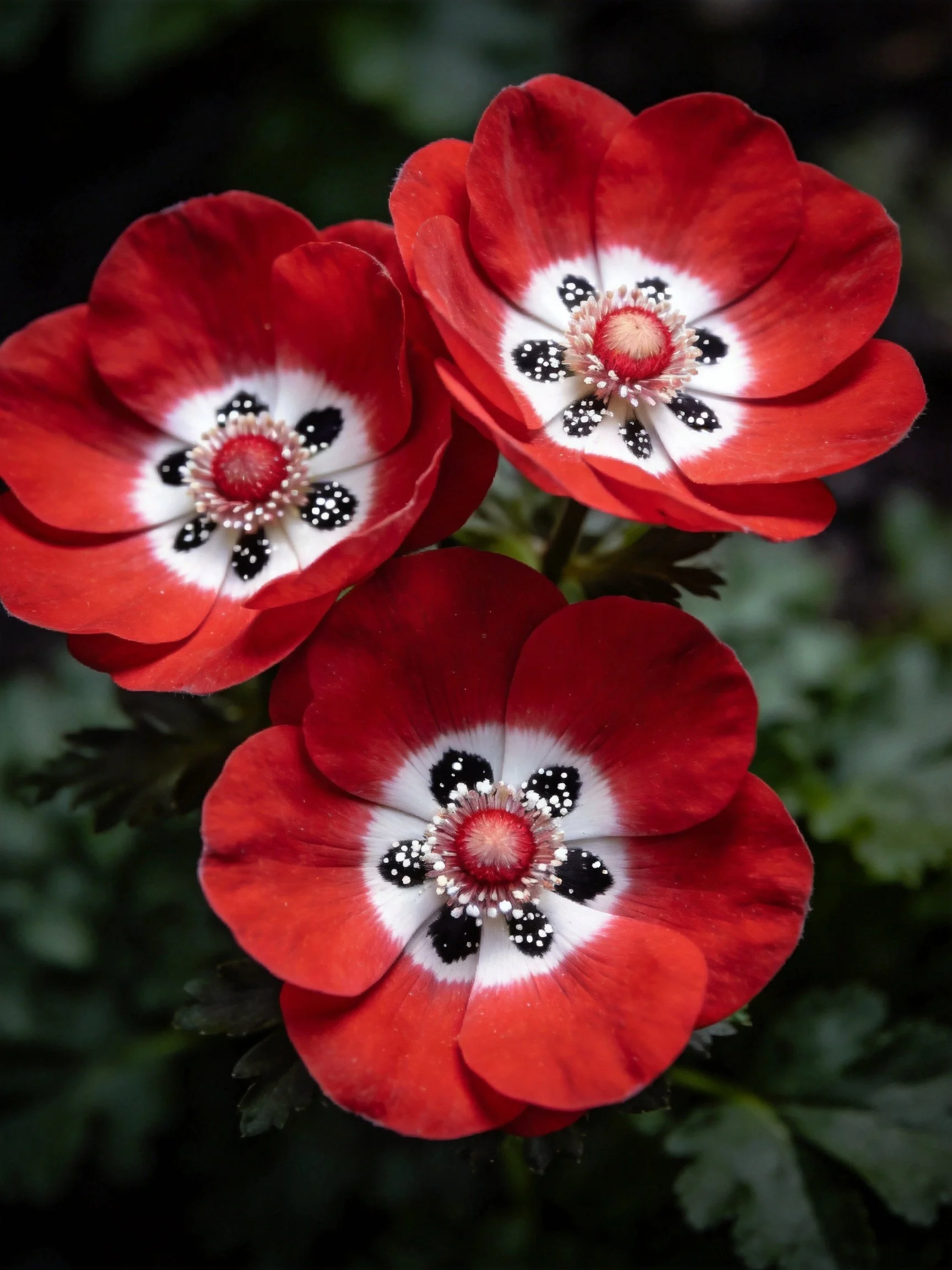 Three vibrant red flowers with white and black centers