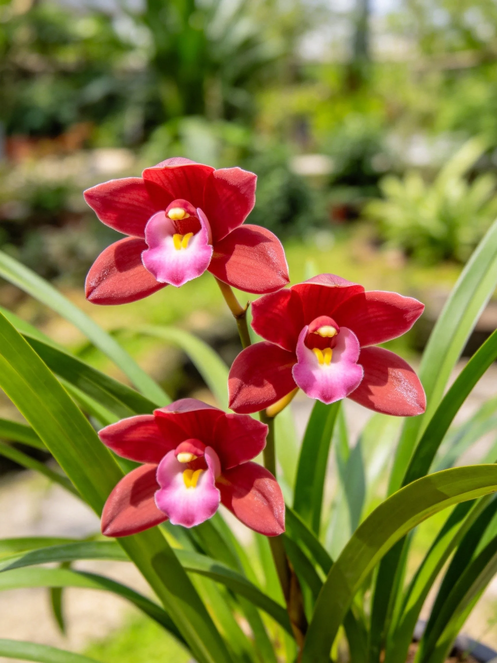 Three vibrant red orchids with pink centers among green foliage