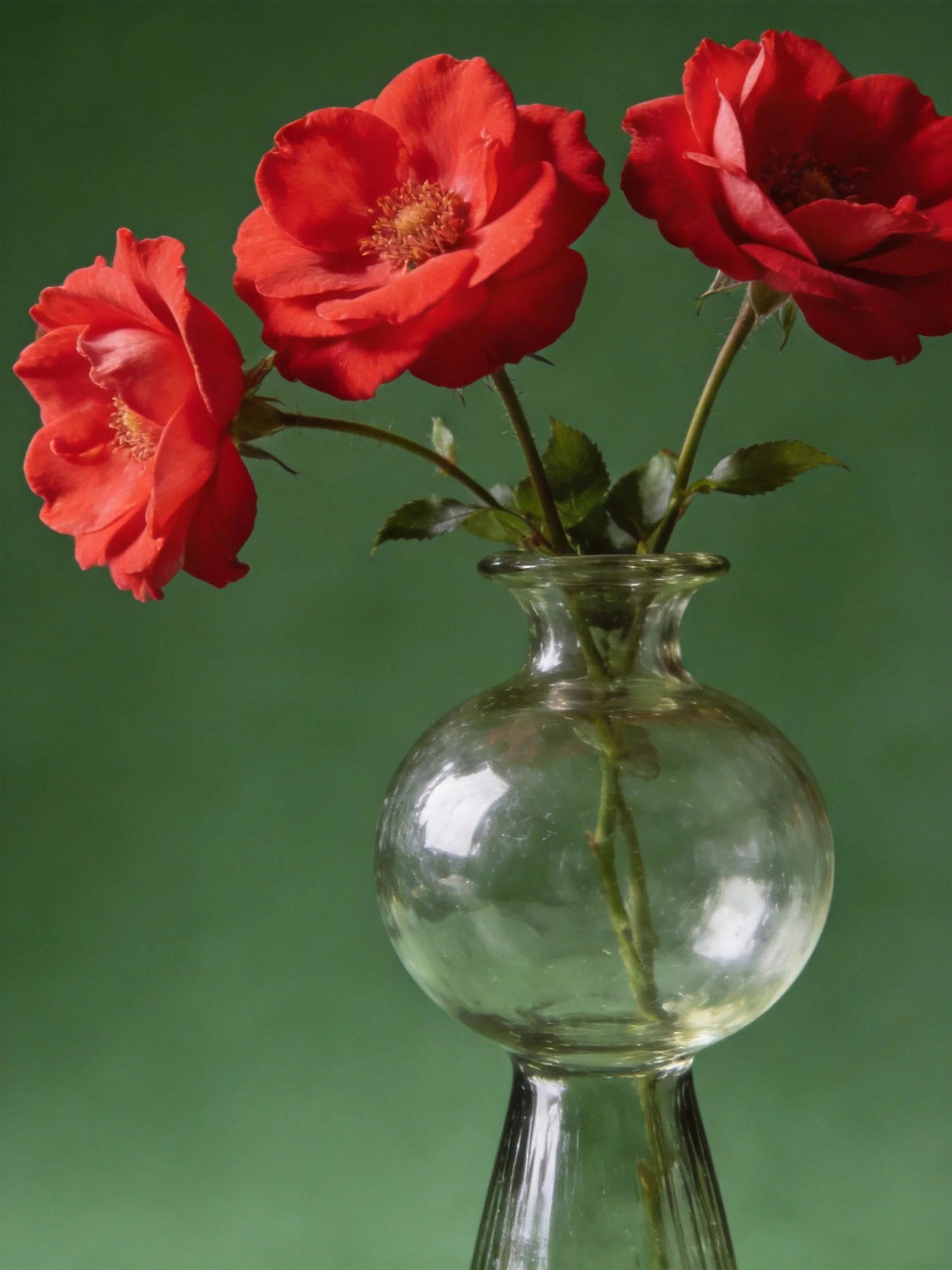 Three vibrant red roses in a clear glass vase with green backdrop