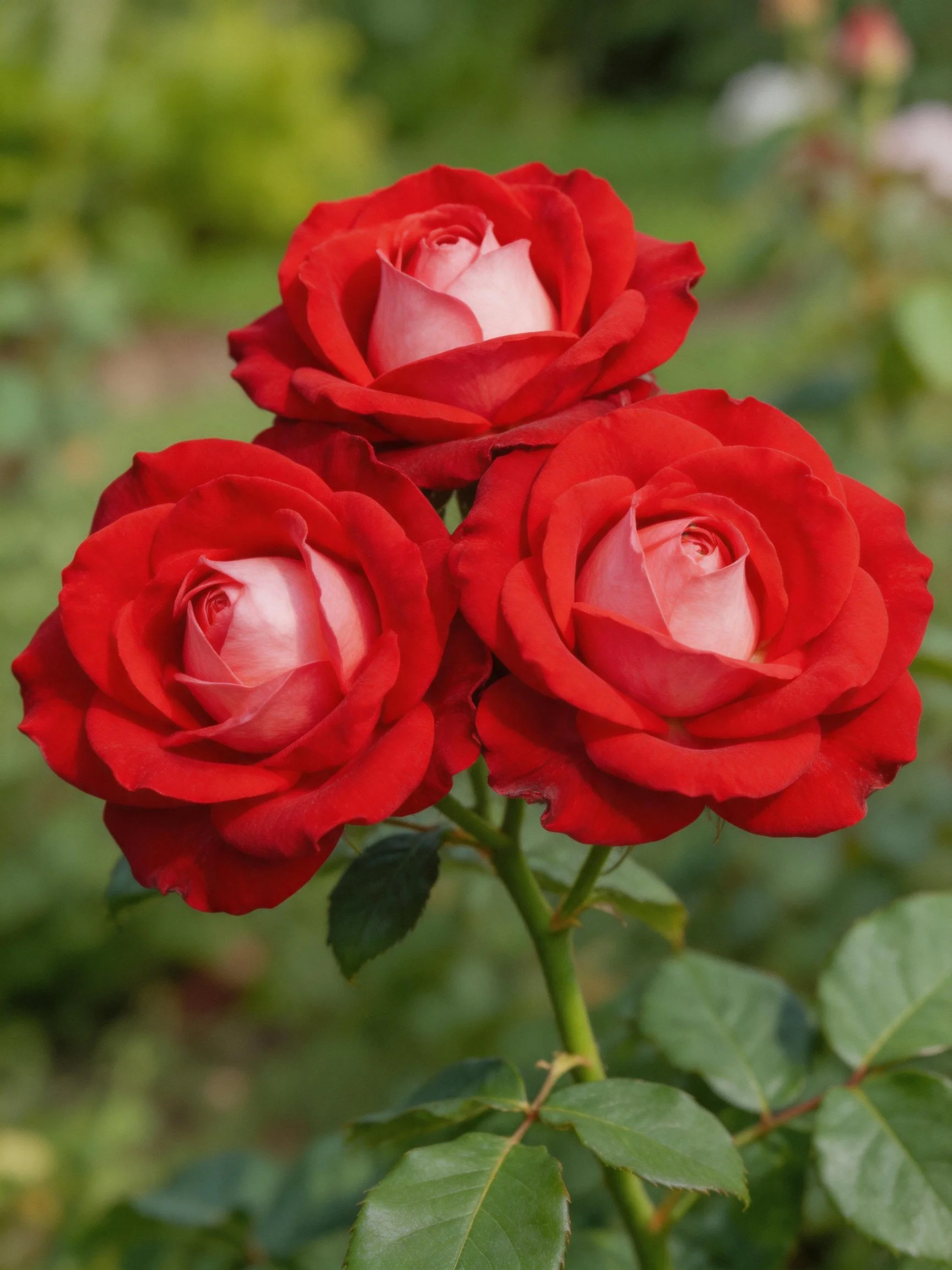 Three vibrant red roses with soft pink centers bloom together.