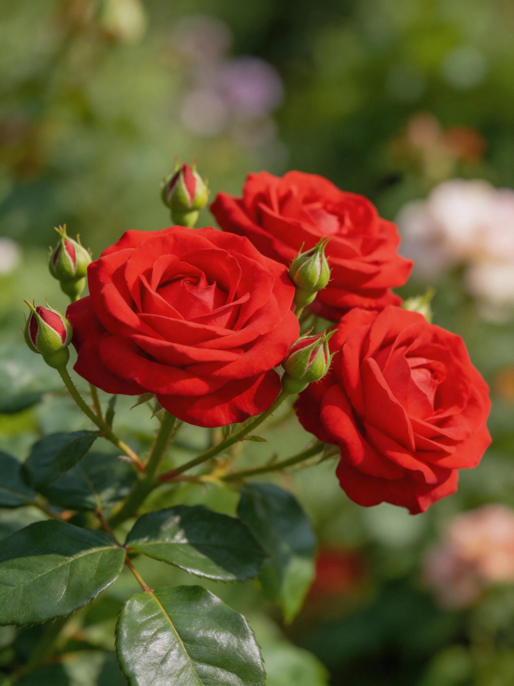 Three vibrant red roses with unopened buds