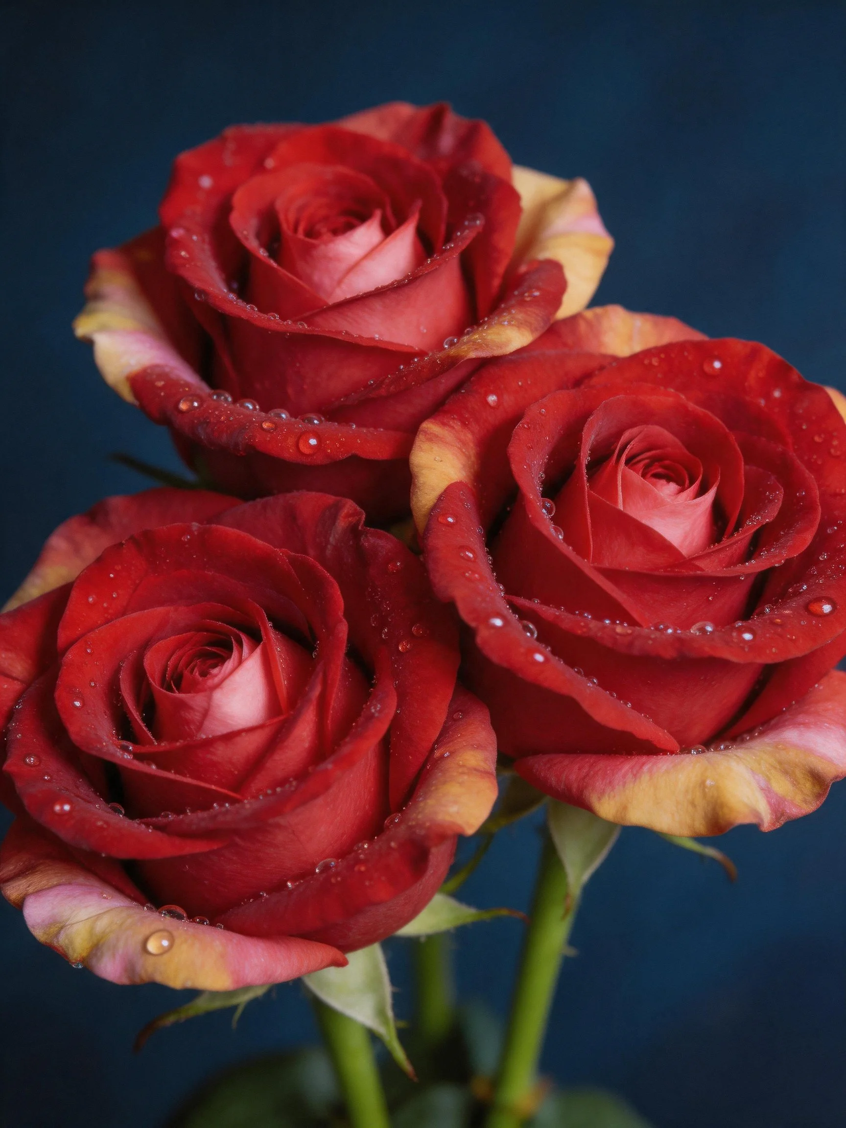 Three vibrant red roses with water droplets against dark blue backdrop