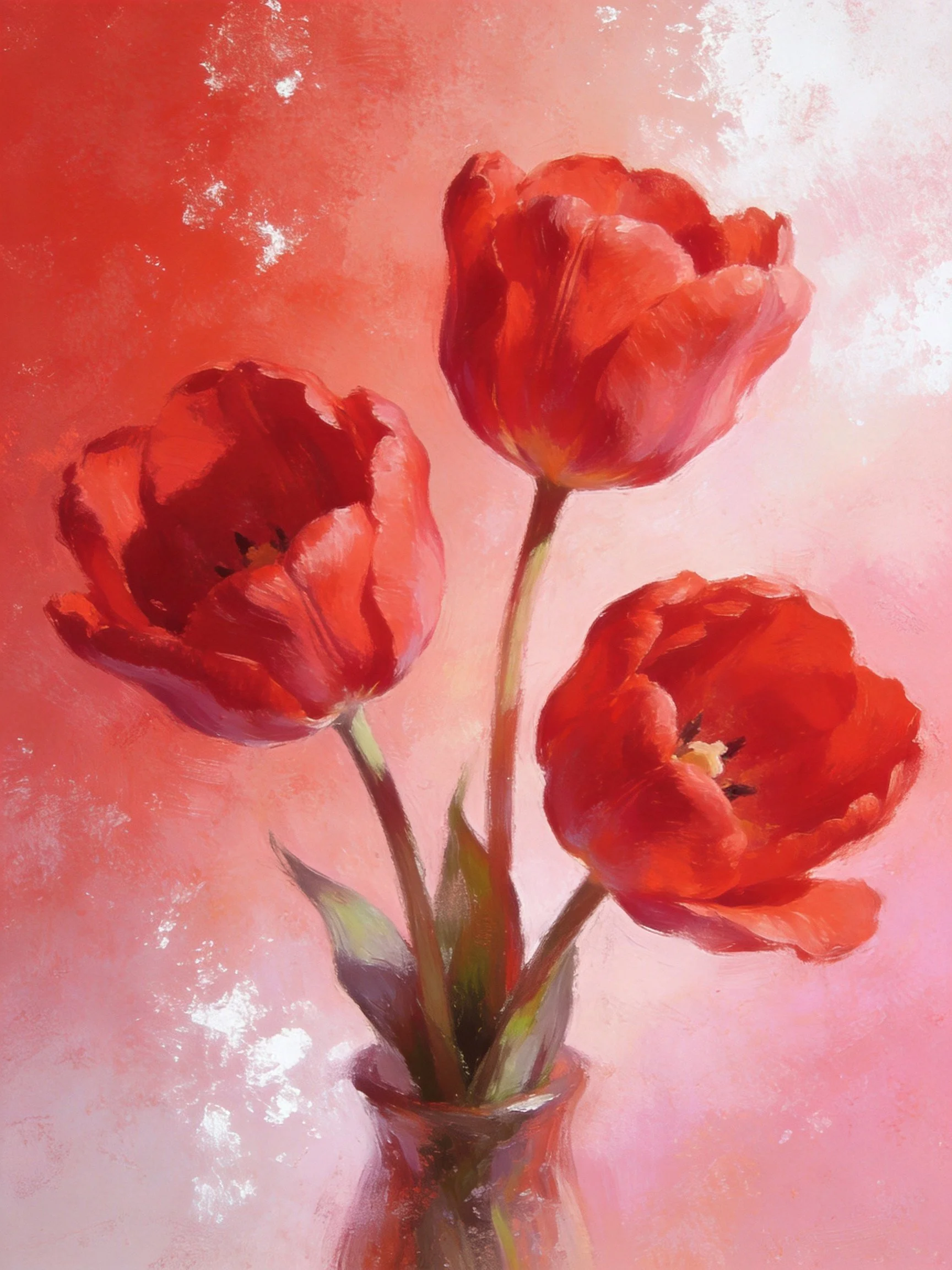 Three vibrant red tulips arranged in a glass vase