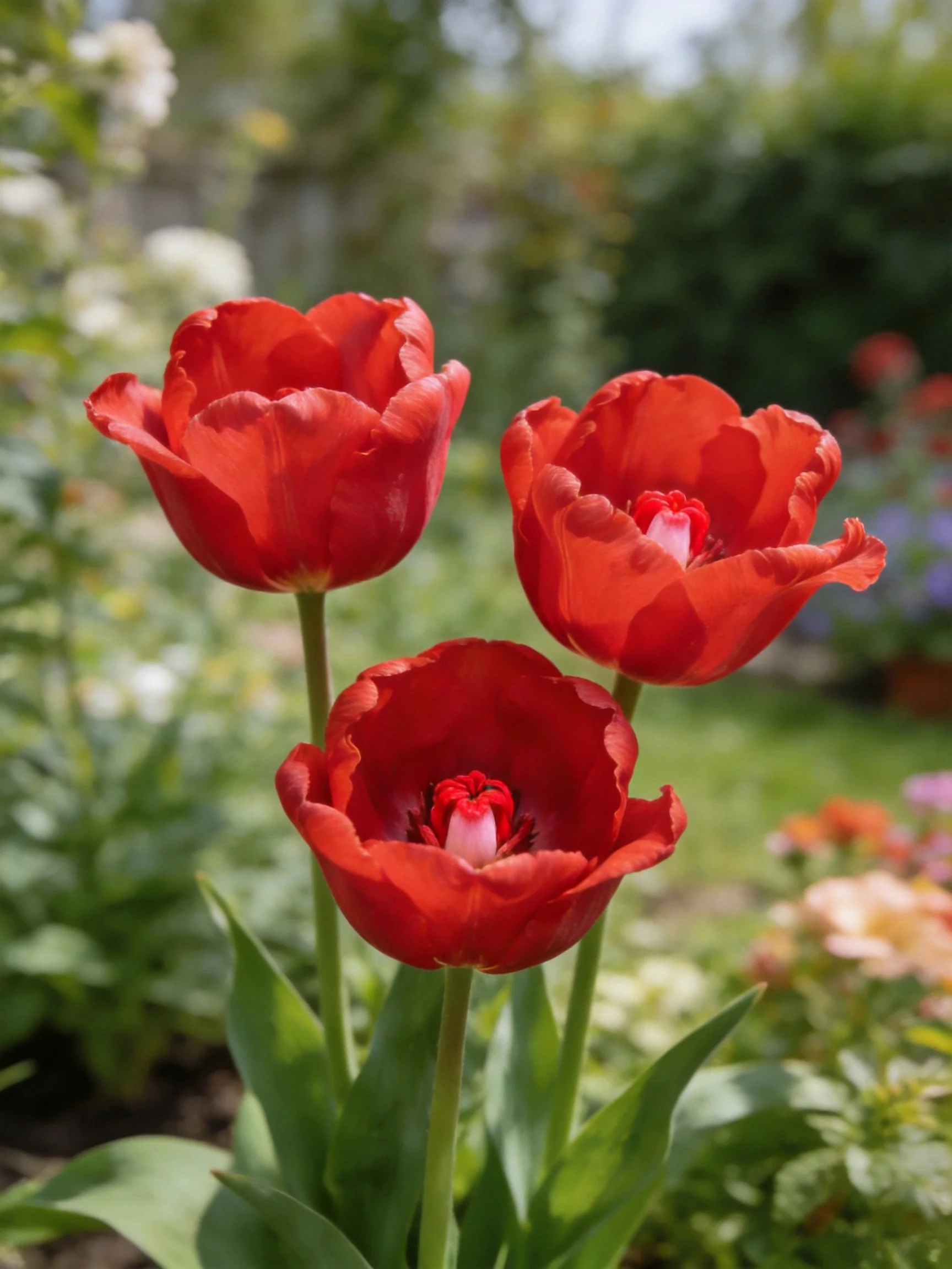 Three vibrant red tulips bloom in a lush garden setting