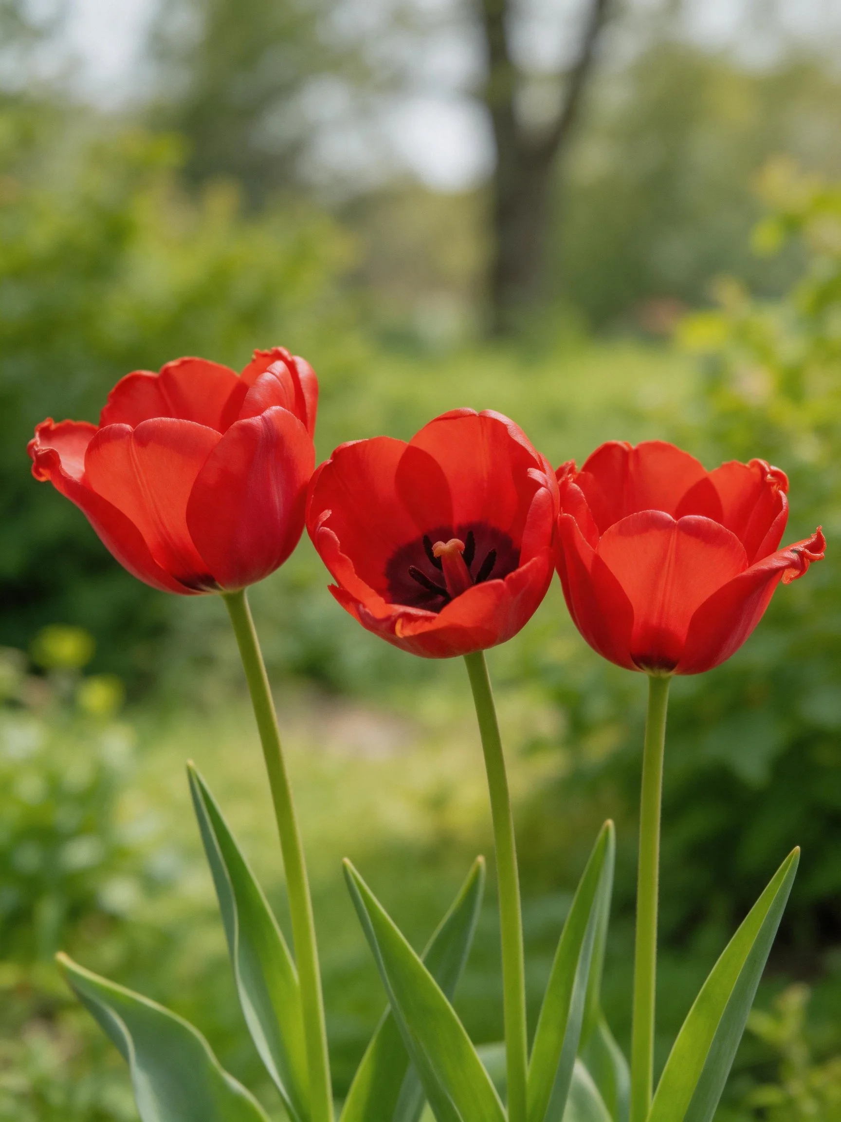 Three vibrant red tulips with green stems in a lush garden