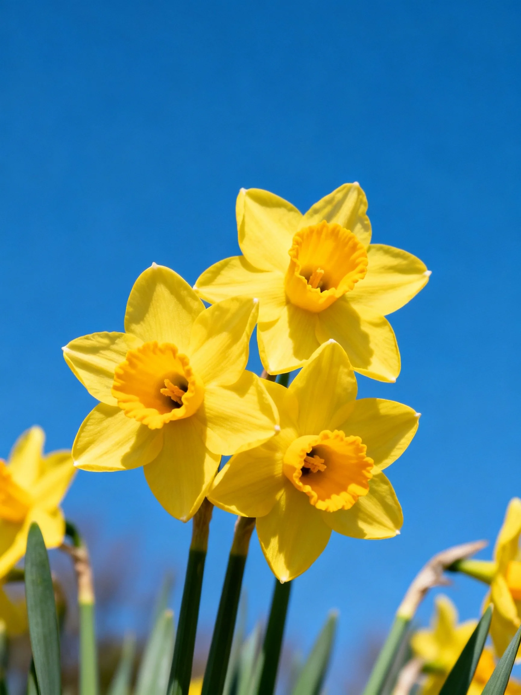 Three vibrant yellow daffodils against clear blue sky