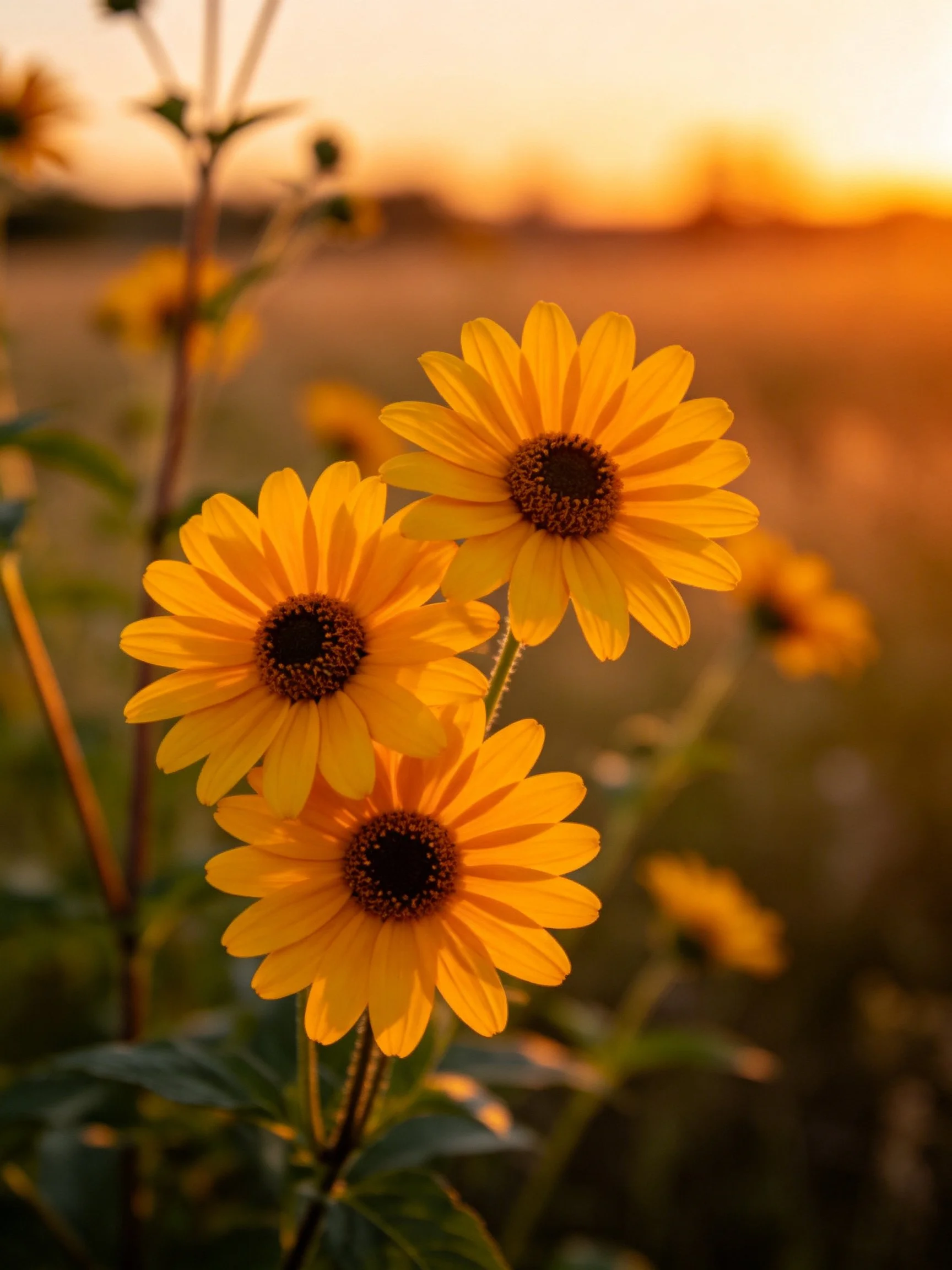 Three vibrant yellow flowers bathed in warm sunset glow