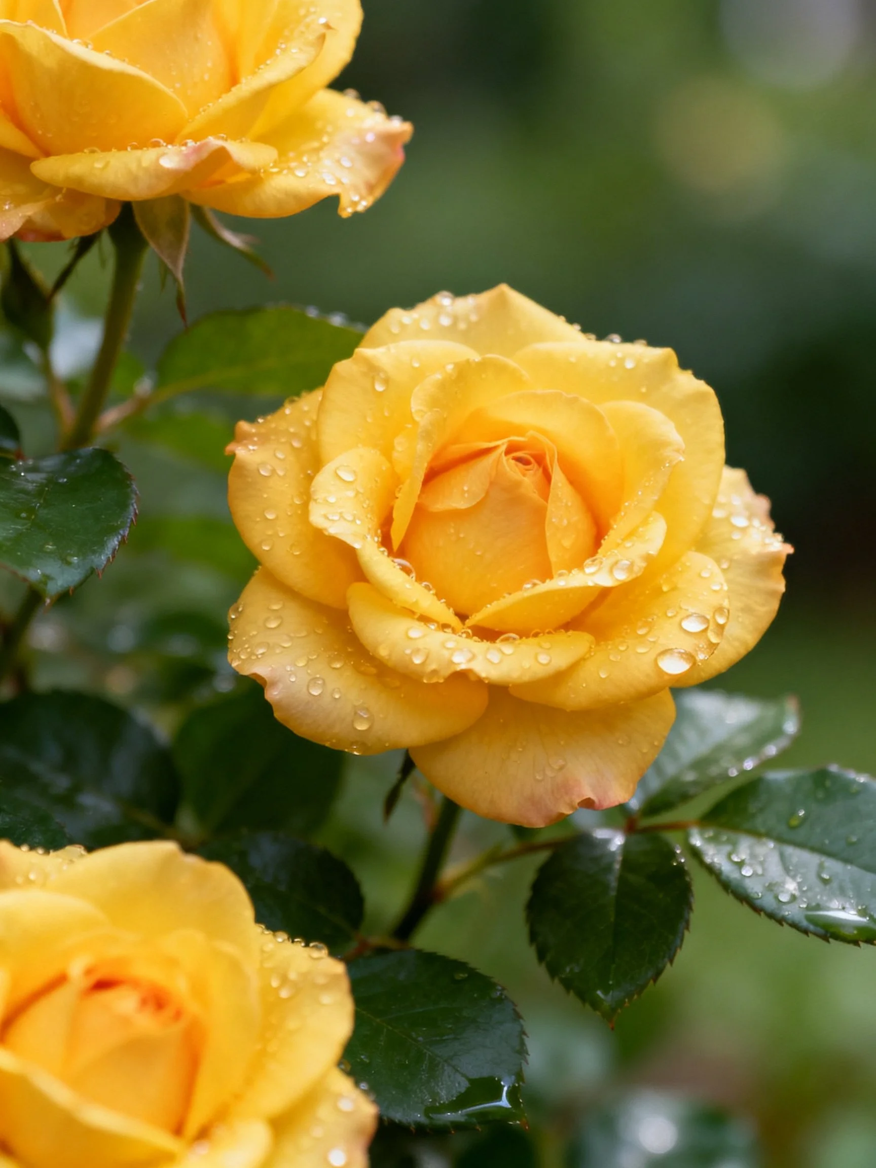 Vibrant yellow roses adorned with dewdrops sit among lush greenery.