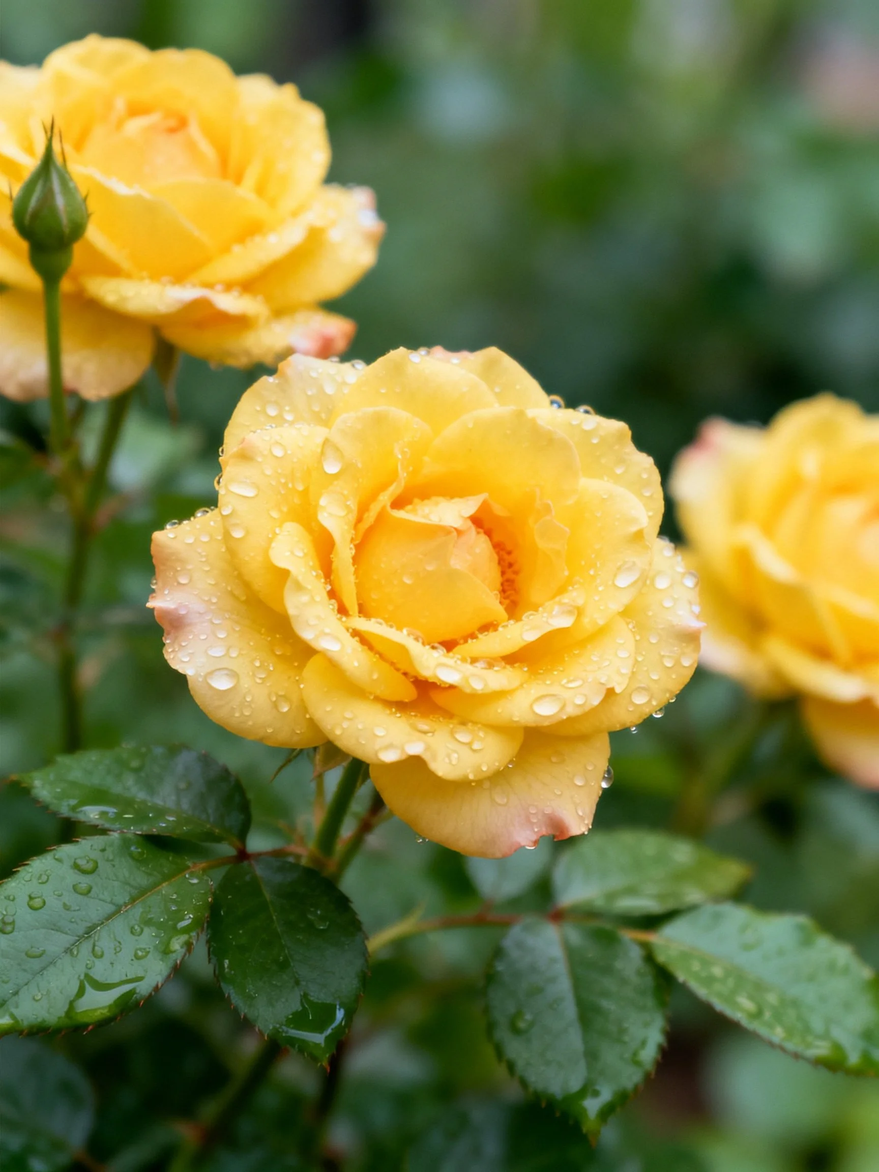 Three vibrant yellow roses with glistening water droplets
