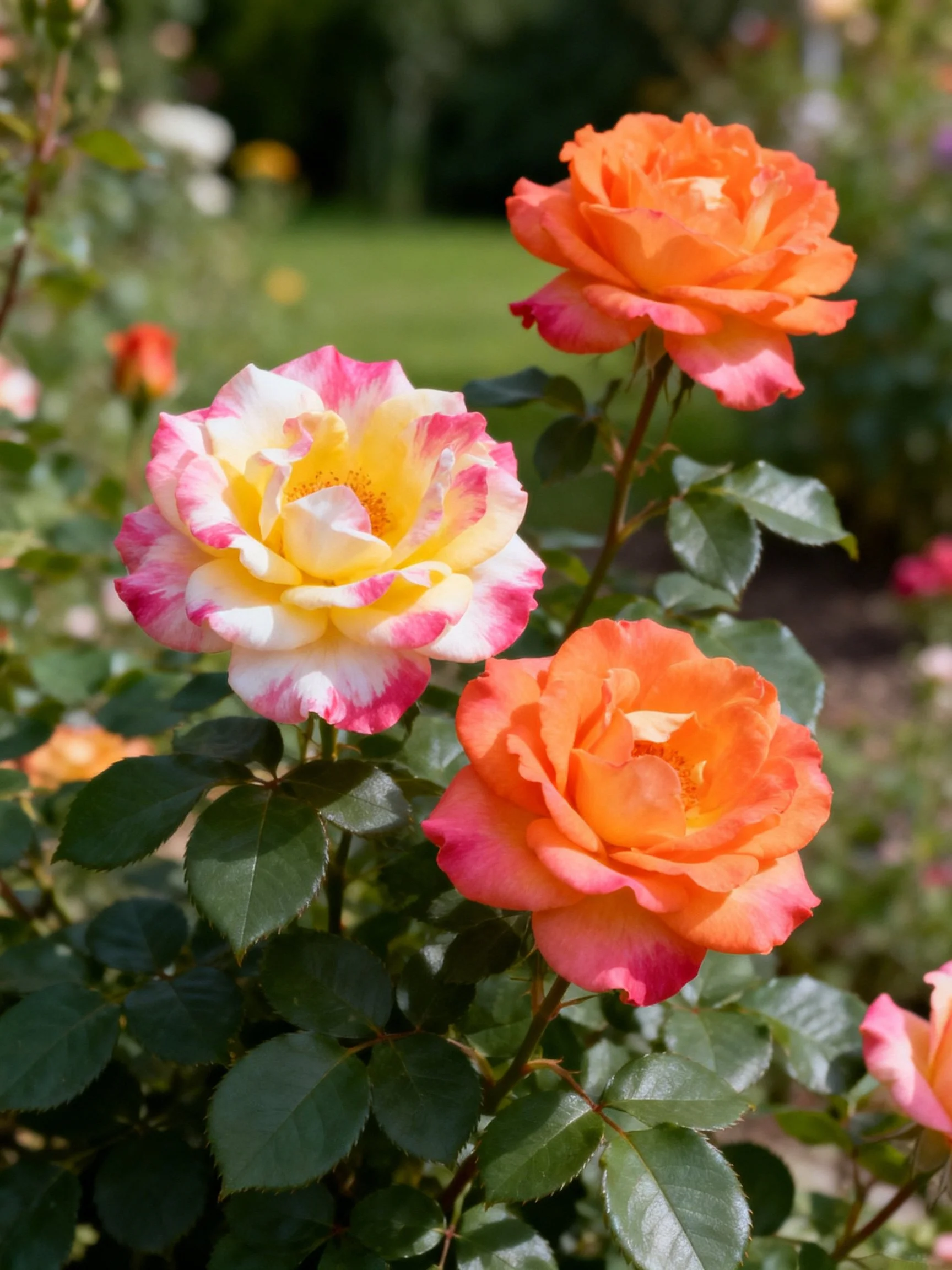 Three vibrantly colored roses bloom in a lush garden