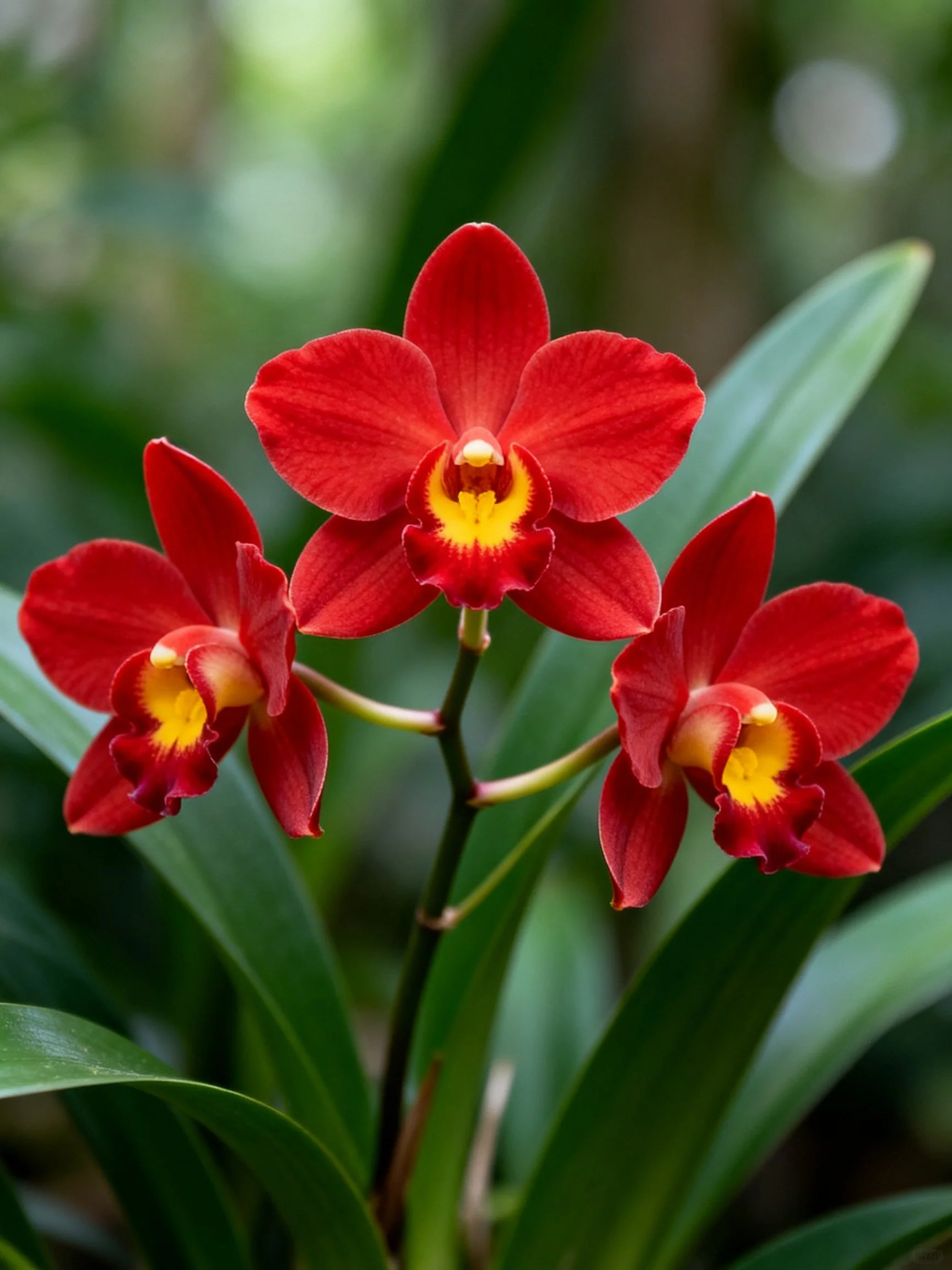 Three vivid red orchids with yellow centers amidst lush green foliage