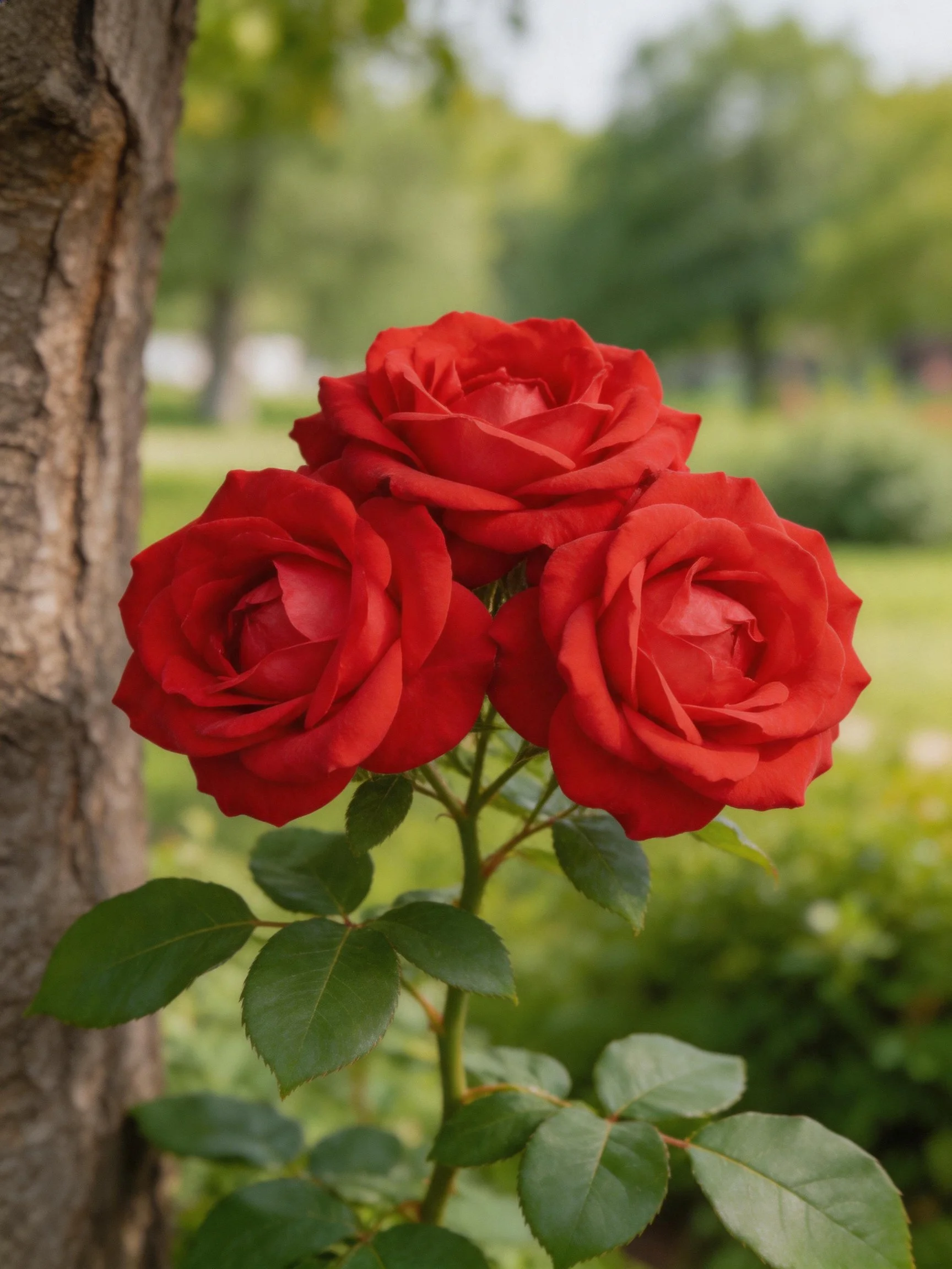 Three vivid red roses cluster by a tree trunk in a lush garden.