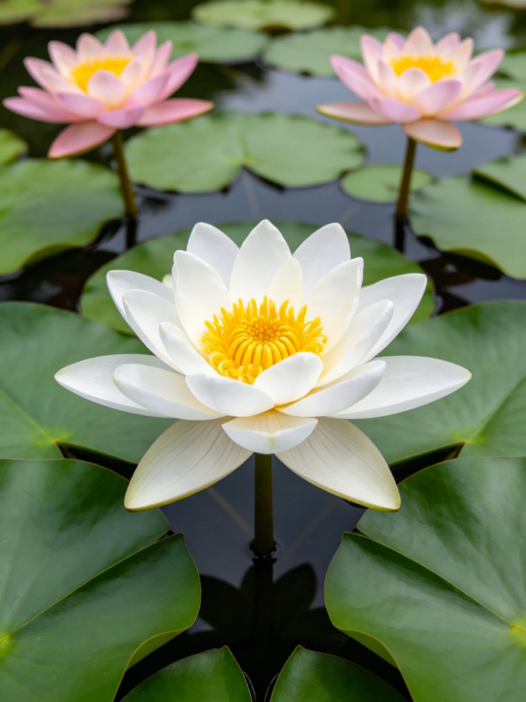 Three water lilies bloom amid large green leaves in calm water