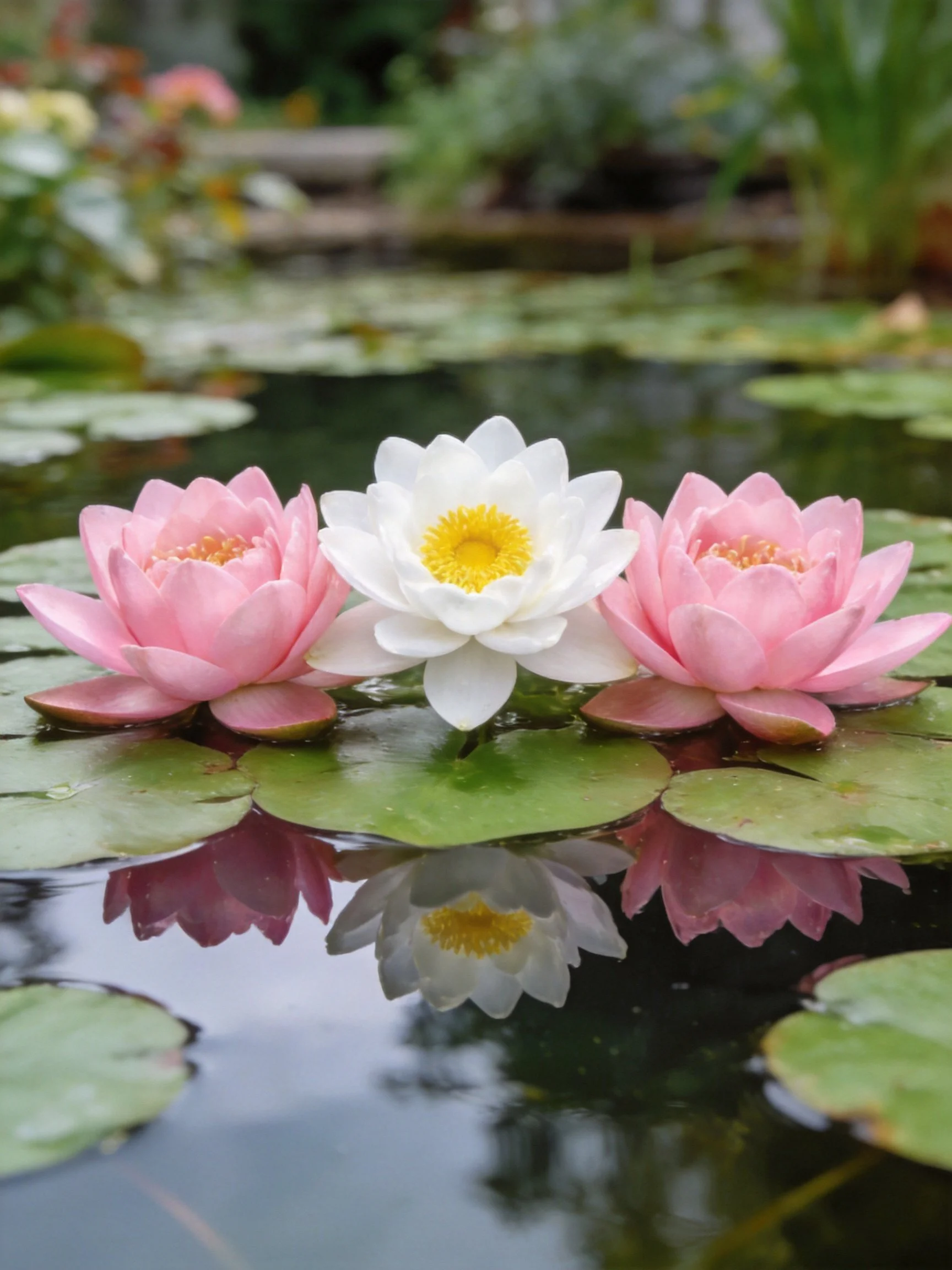 Three water lilies, two pink and one white, float on lily pads in calm water.
