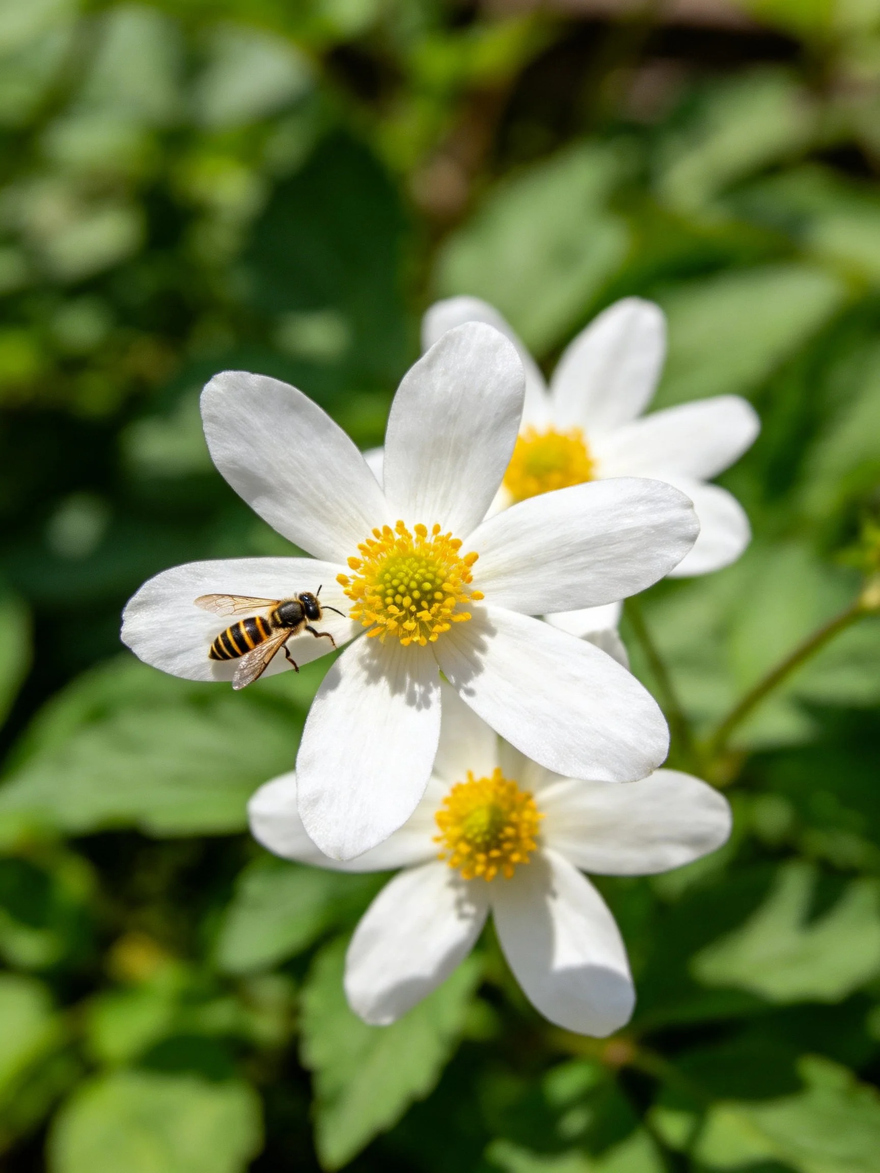 Three white anemone flowers with yellow centers have a bee nearby