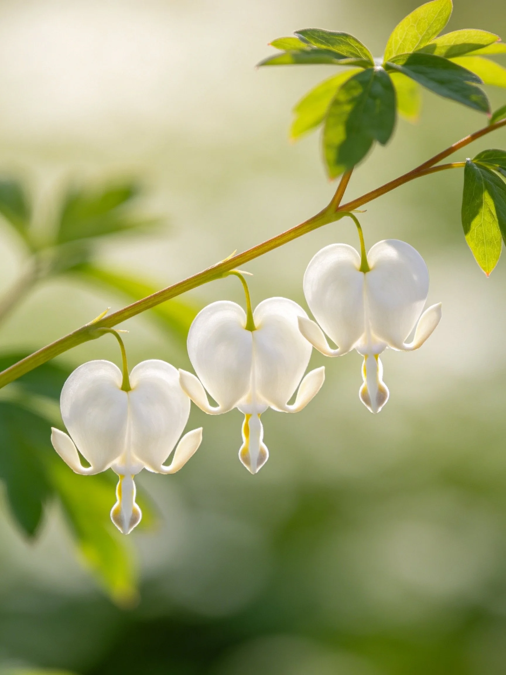 Three white bleeding heart flowers hang from a leafy branch