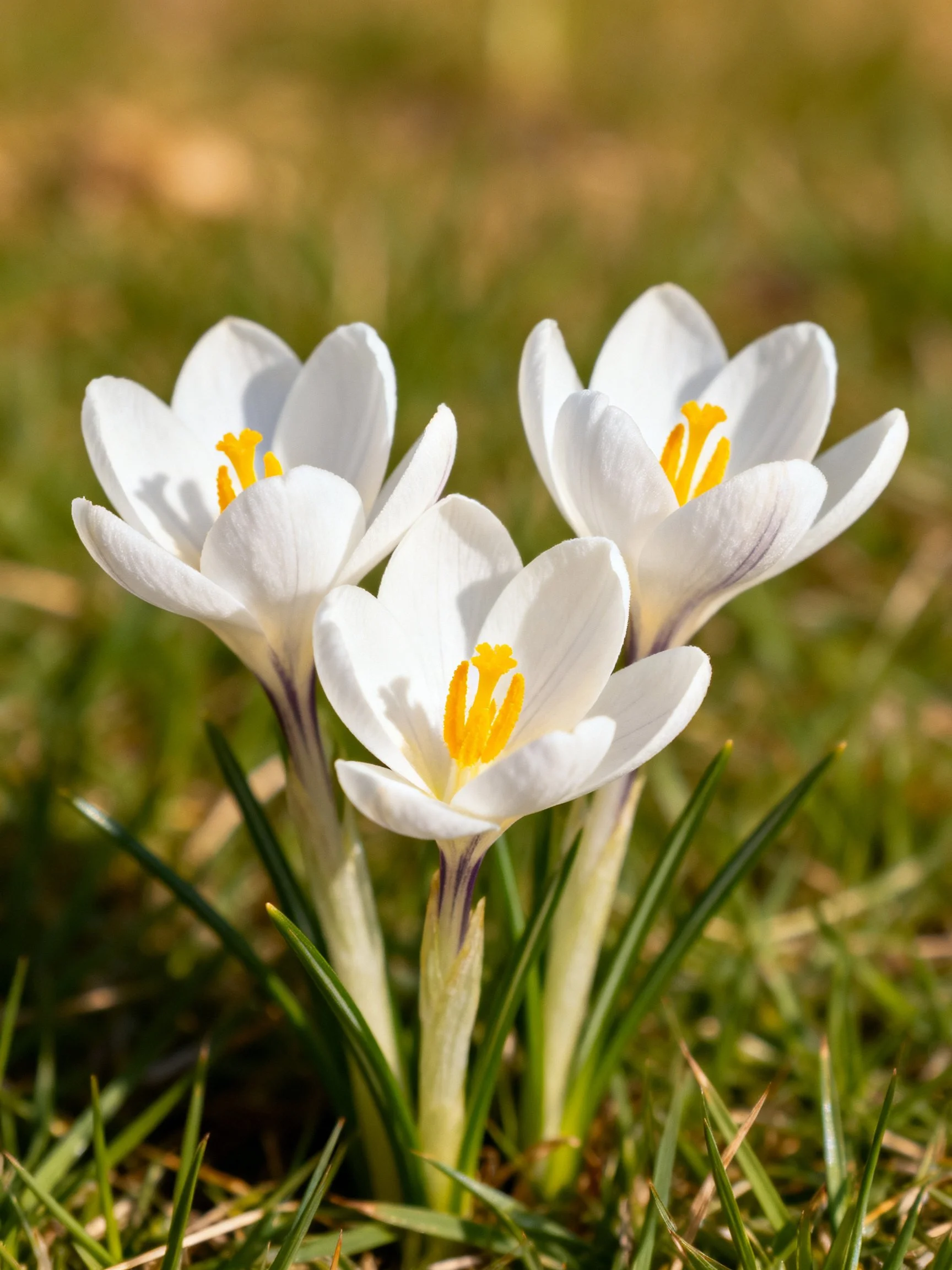 Three white crocus blooms with bright yellow stamens