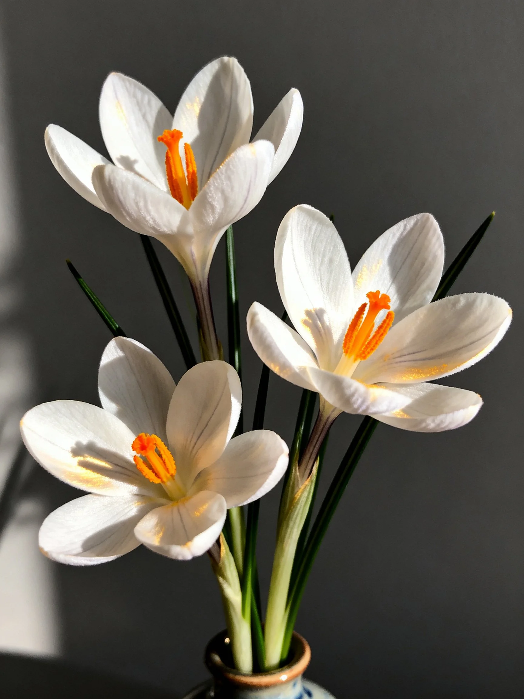 Three white crocus blooms with orange centers in a small vase