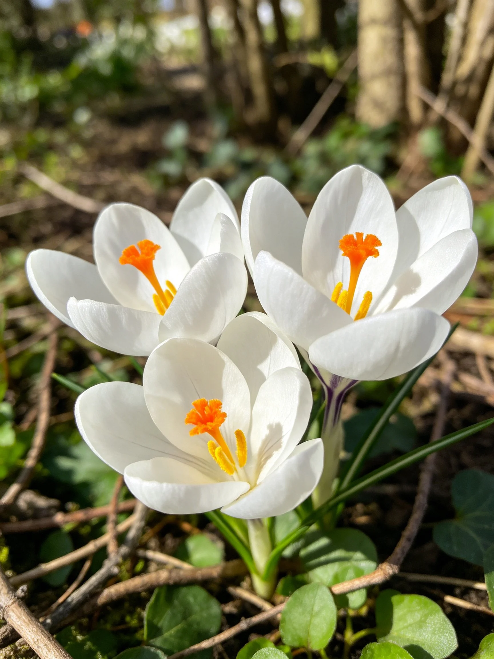 Three white crocus blooms with orange stamens near green foliage