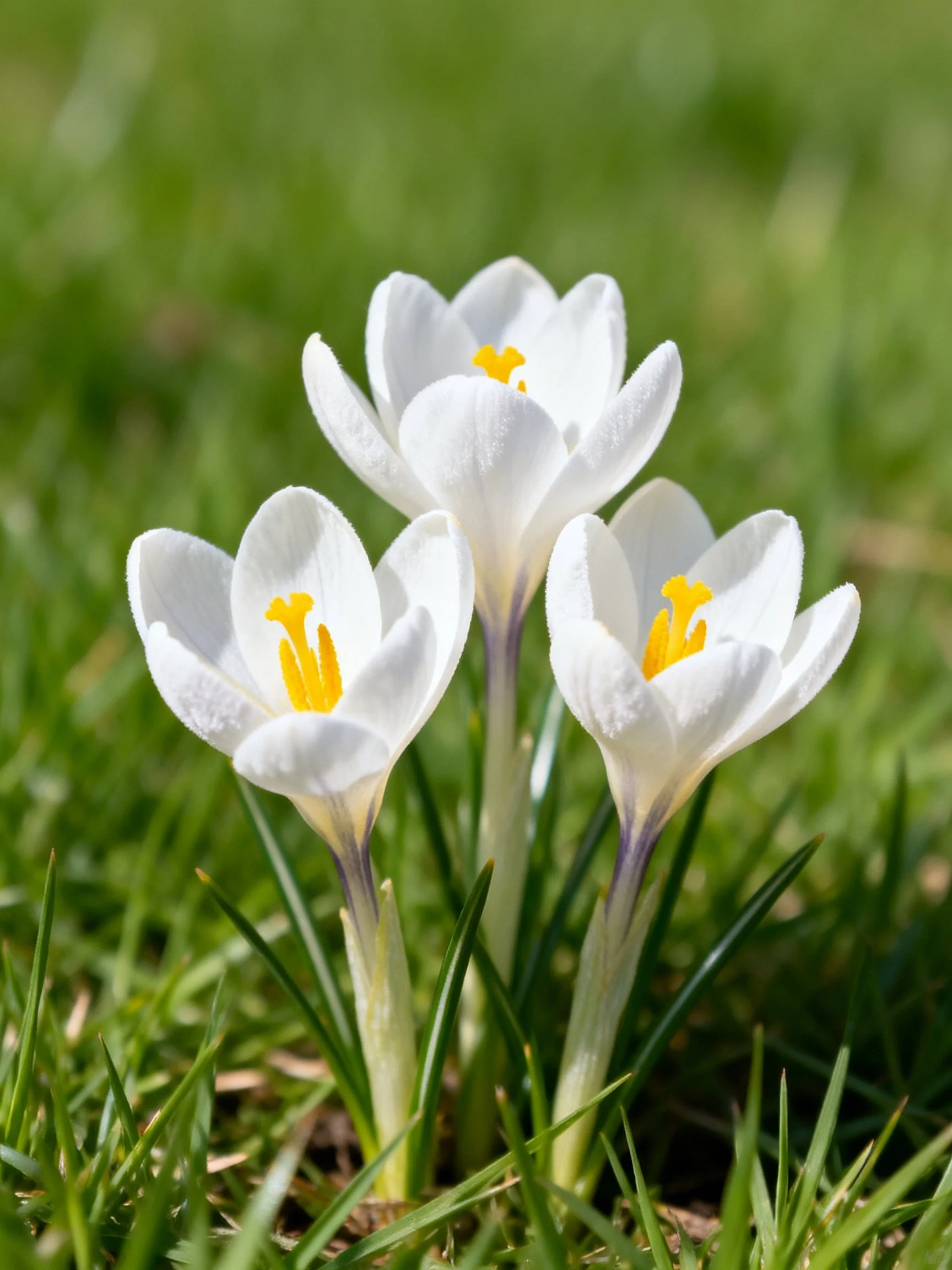 Three white crocus flowers blooming in green grass