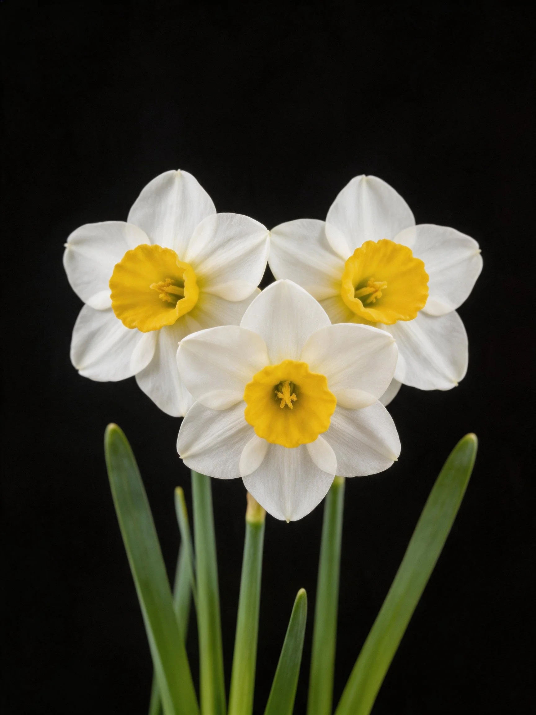 Three white daffodils with bright yellow centers on green stems