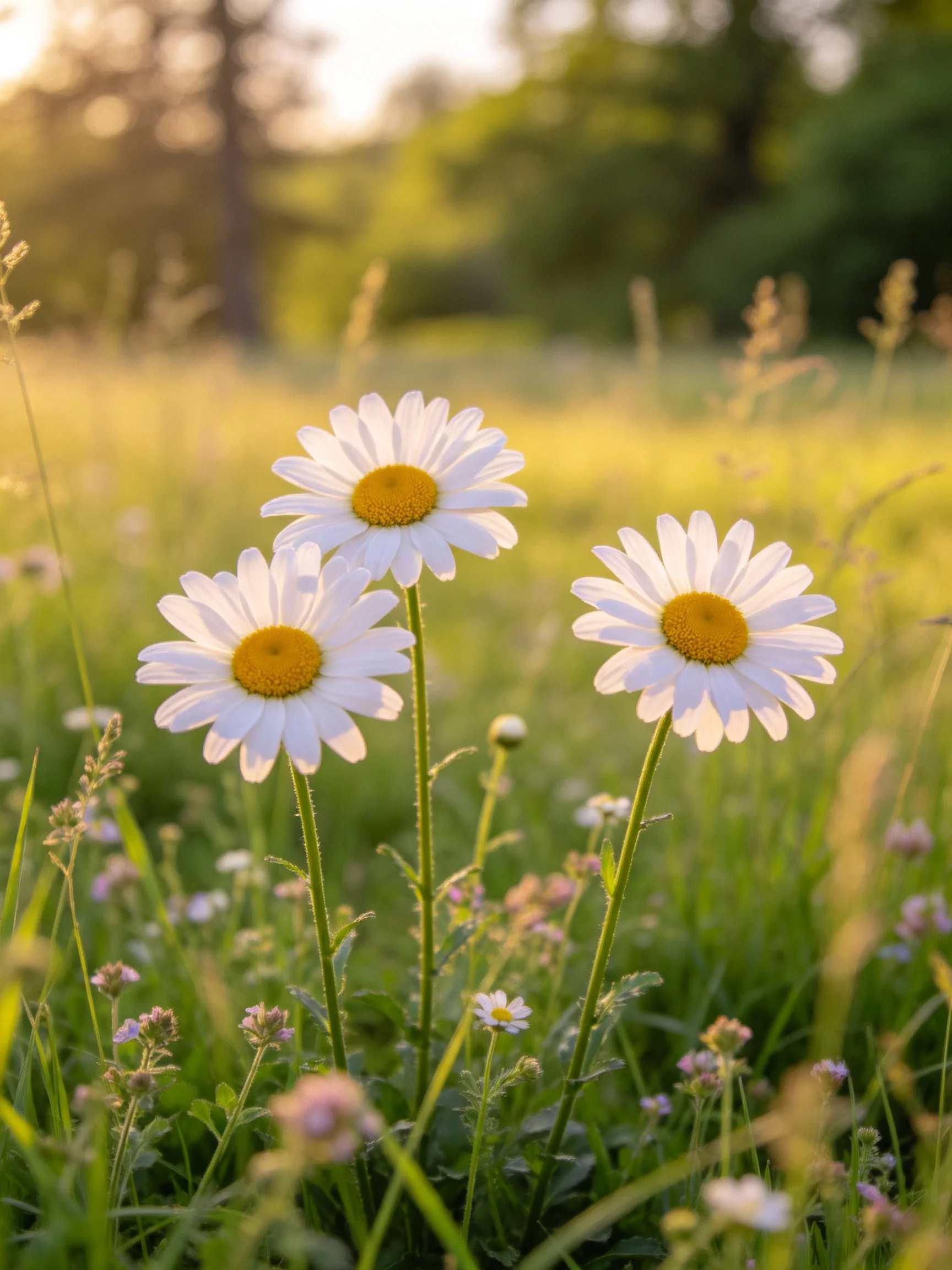 Three white daisies bloom in a sunlit meadow with lush greenery