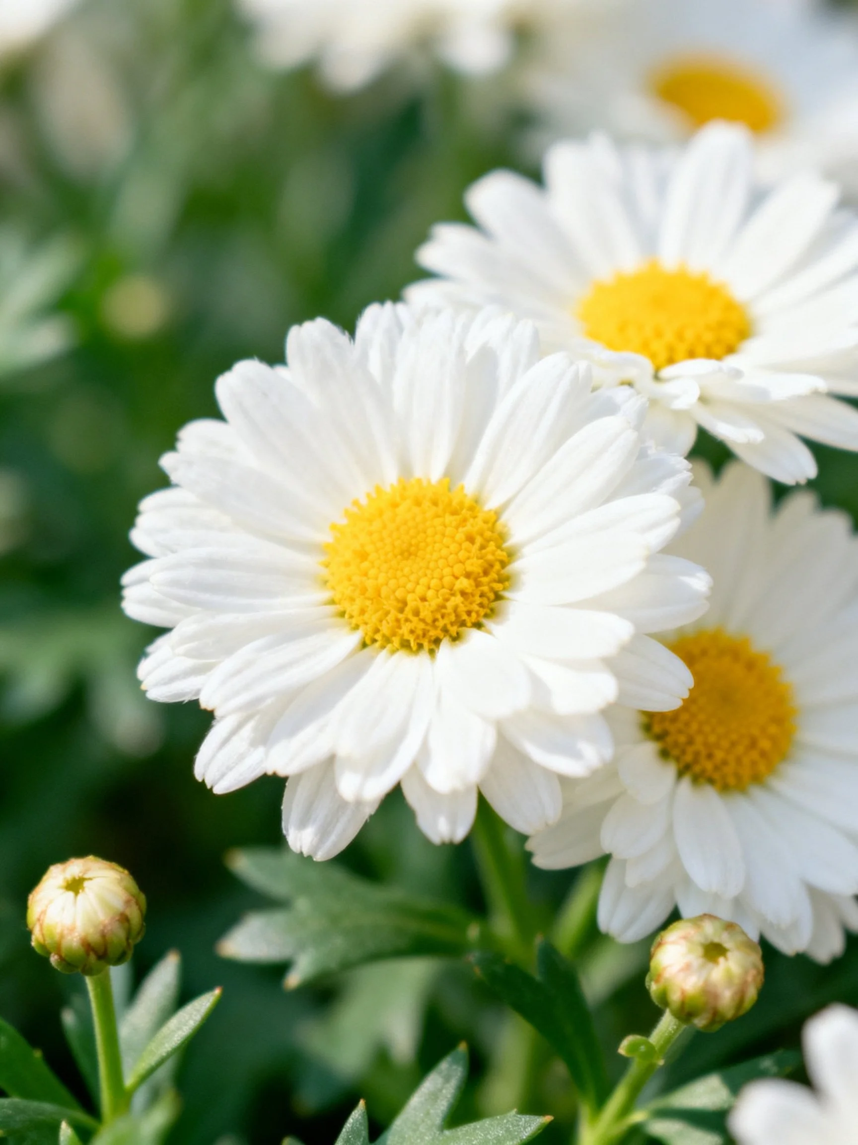 Three white daisies with bright yellow centers among green foliage