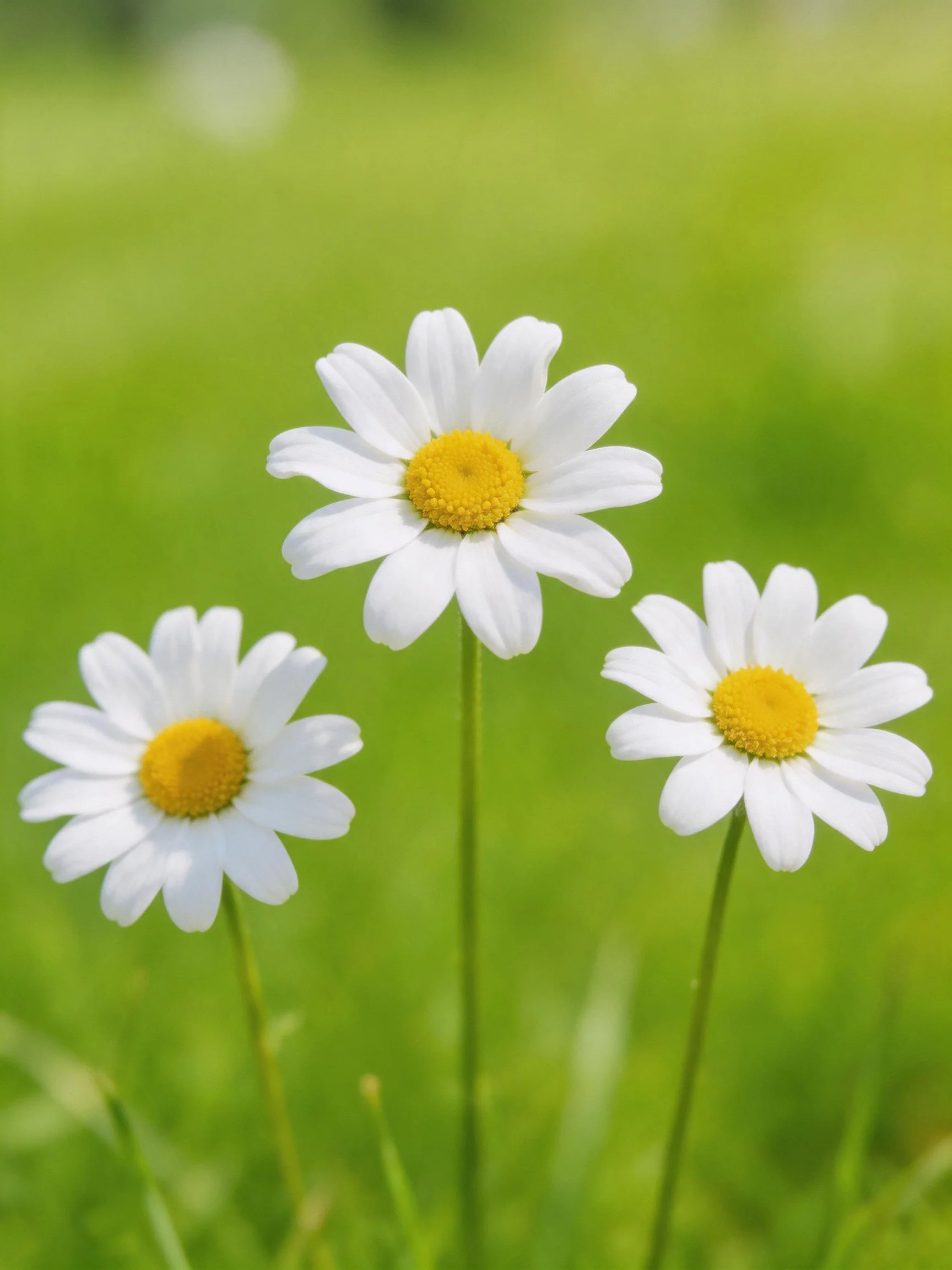 Three white daisies with bright yellow centers in a green field