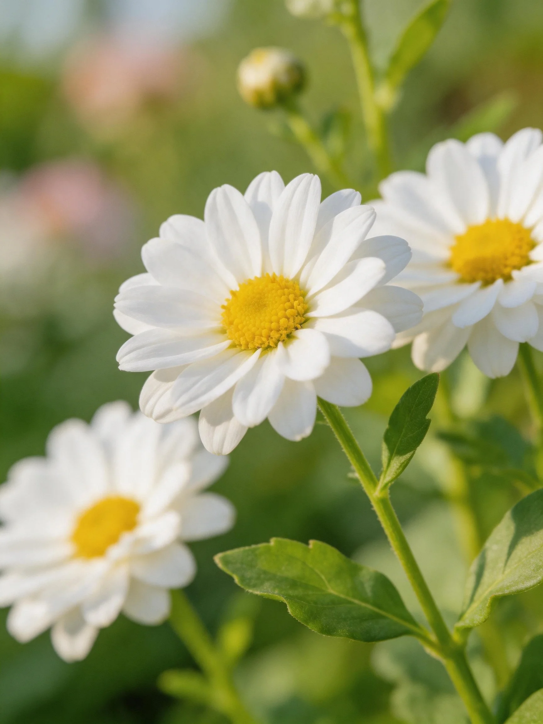 Three white daisies with yellow centers amid green foliage