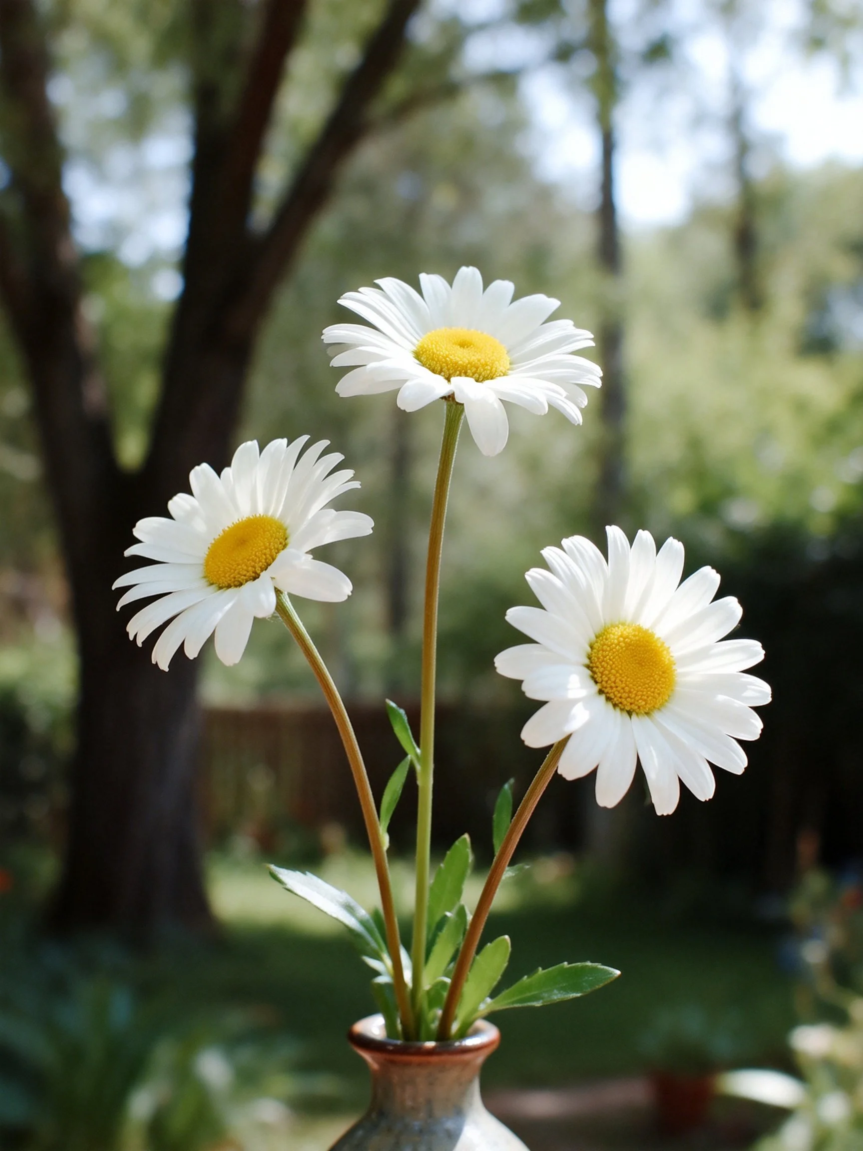 Three white daisies with yellow centers in a ceramic vase outdoors
