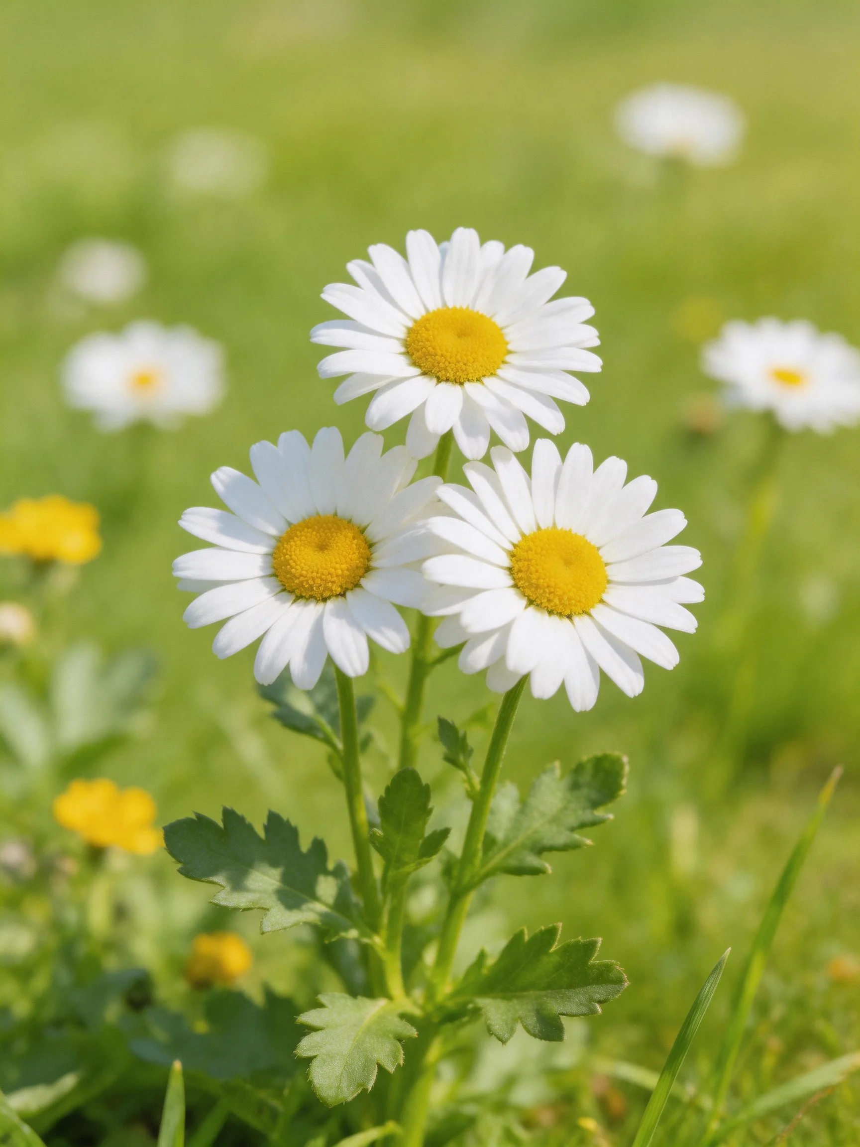 Three white daisies with yellow centers in a green meadow