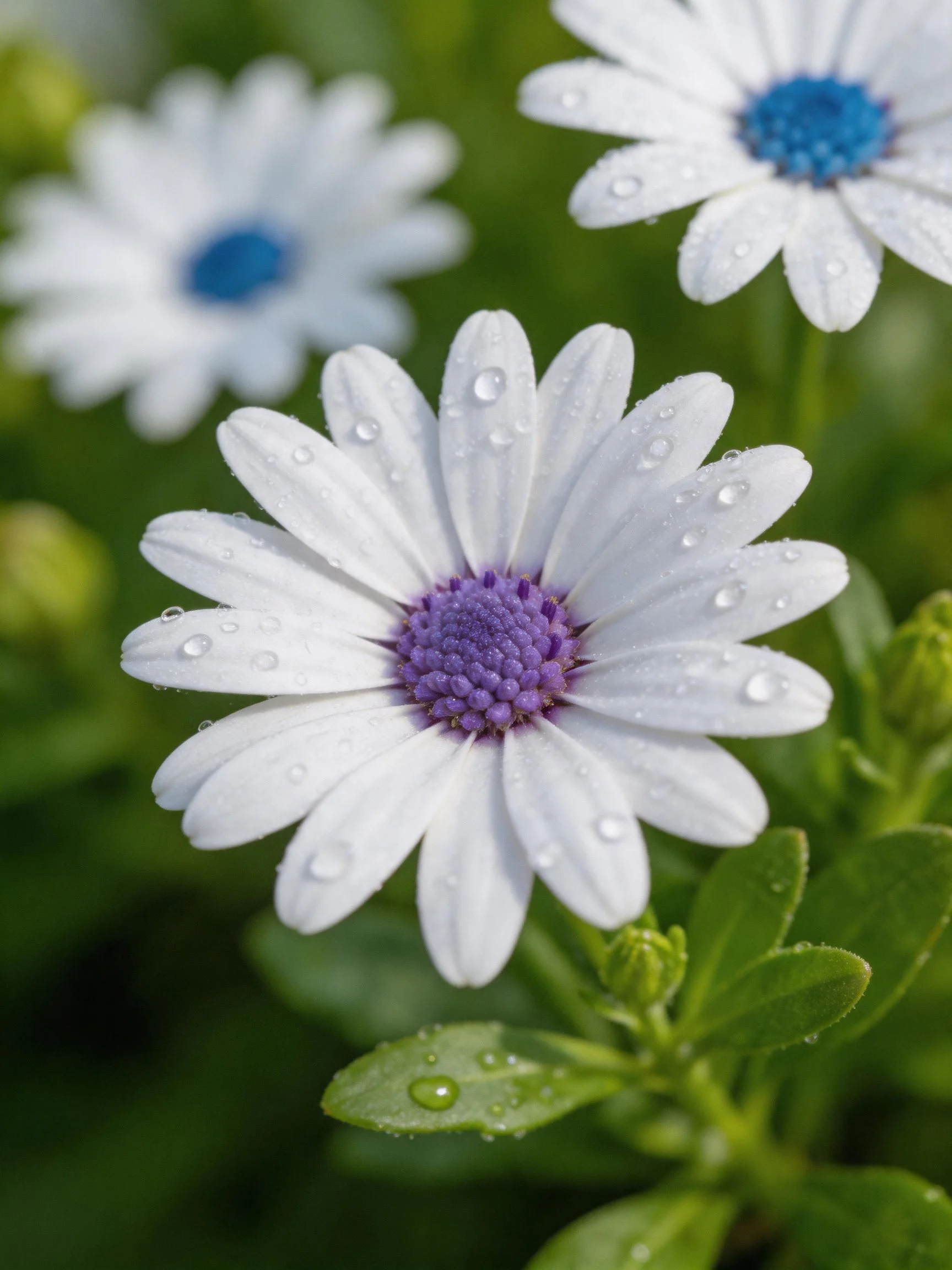 Three white daisy flowers with blue and purple centers, water droplets