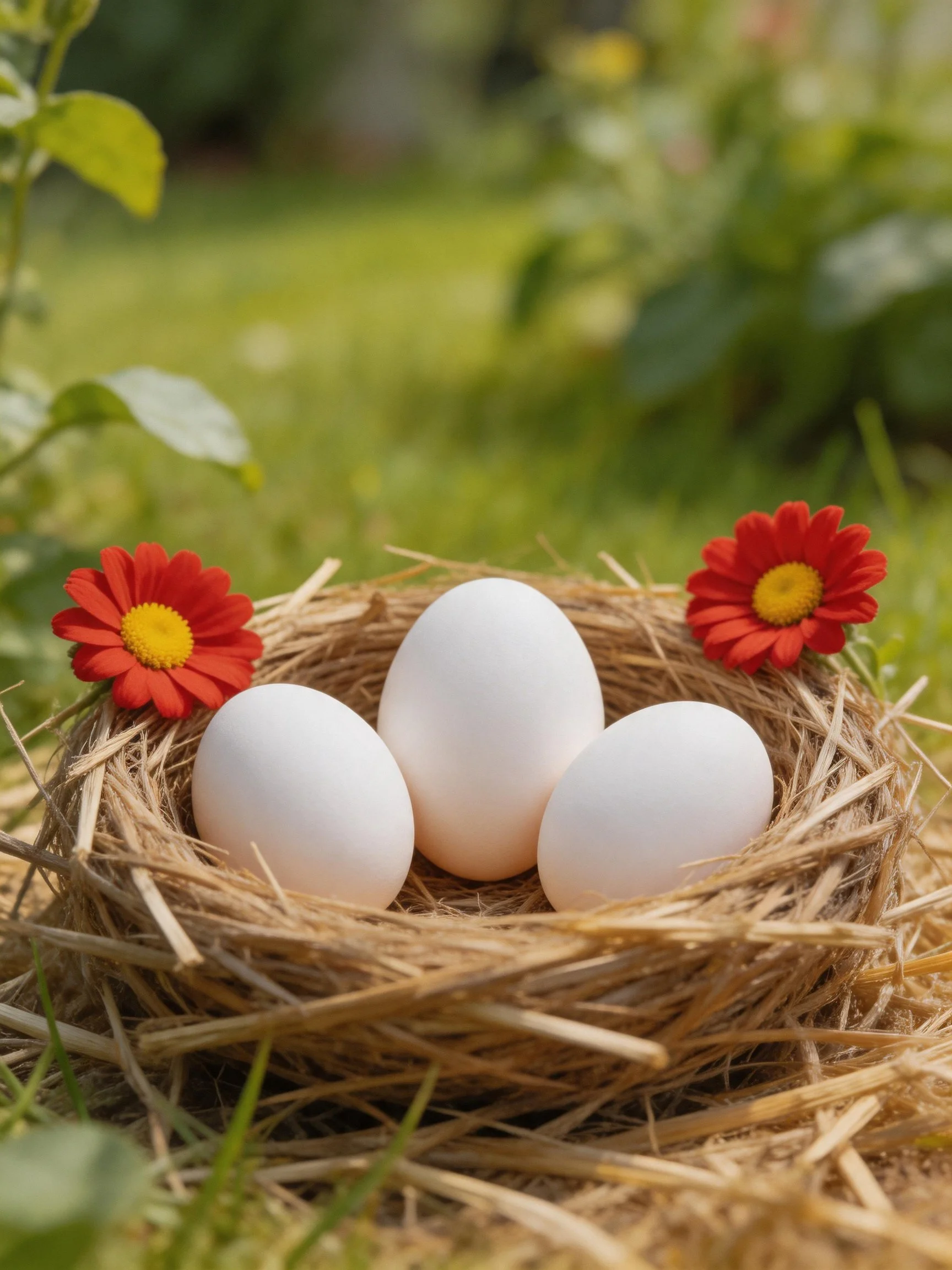 Three white eggs in a straw nest with two red flowers