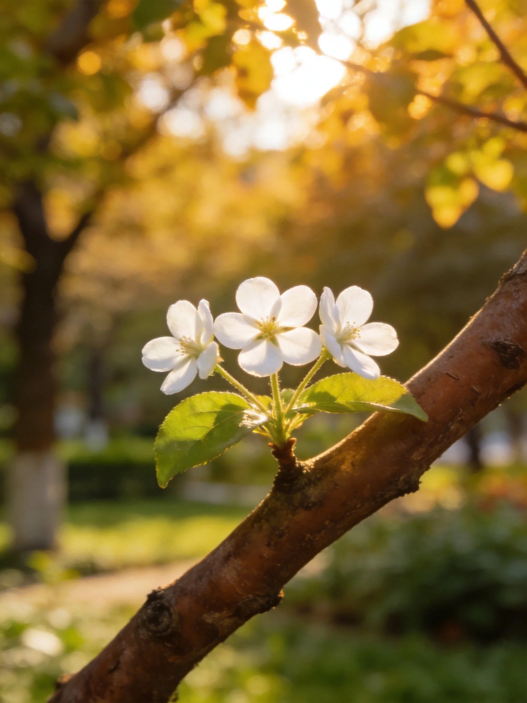 Three white flowers bloom on a browntree branch in golden sunlight